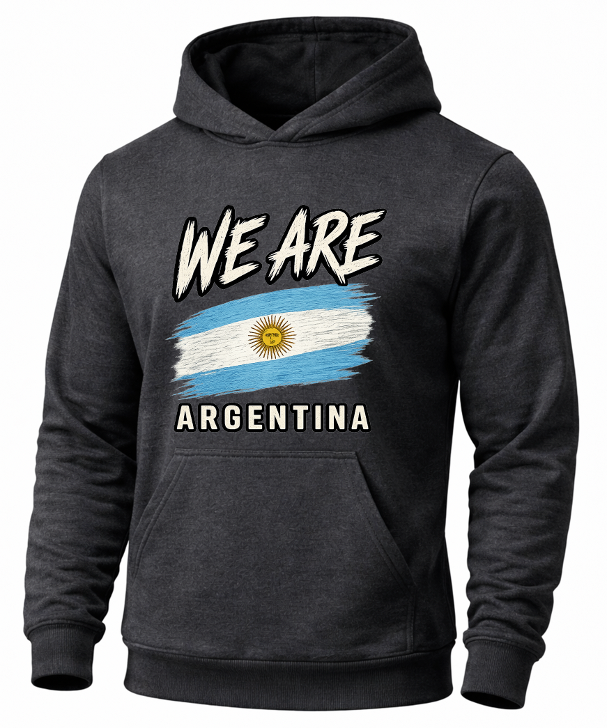 A dark gray heather pullover hoodie featuring a distressed graphic of the Argentina flag with the text 'WE ARE' above and 'ARGENTINA' below, displayed on a clean white background.