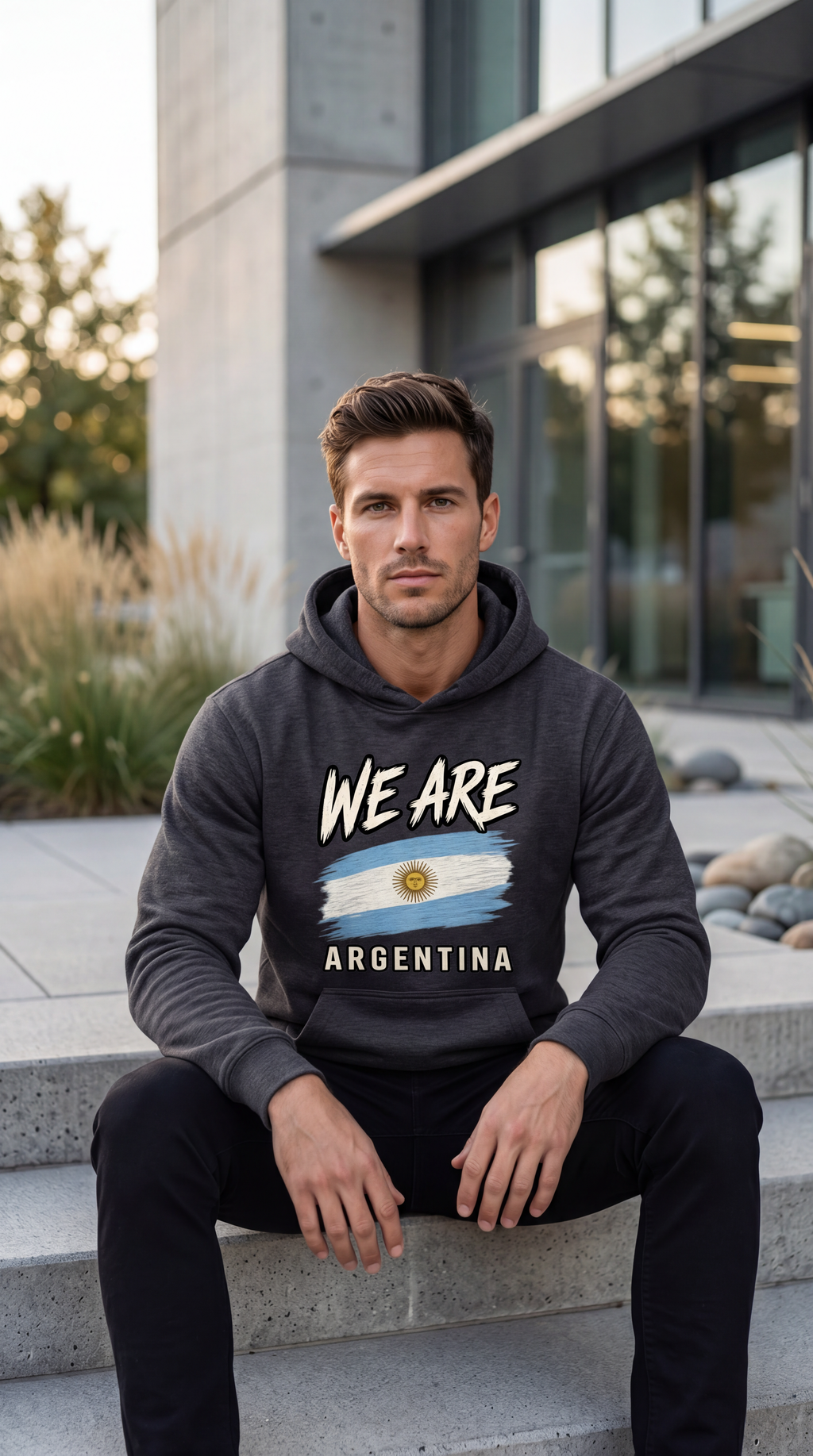 A man wearing a dark gray hoodie with a graphic that reads 'WE ARE ARGENTINA' and features the Argentina flag, sitting on outdoor stone steps in front of a modern building.