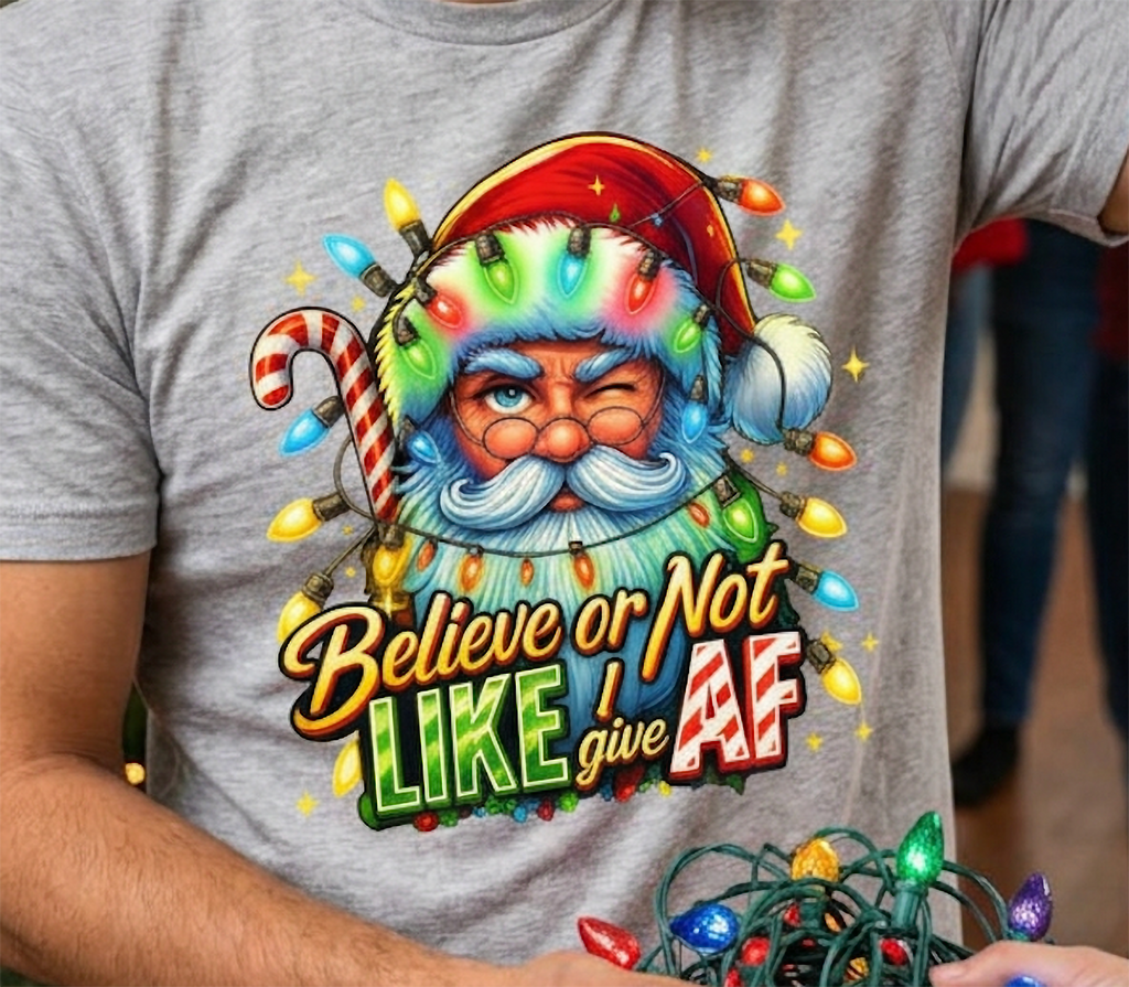 Heather Gray Close-Up: Close-up of the winking Santa Claus Christmas graphic on heather gray fabric with multicolored lights and festive details.