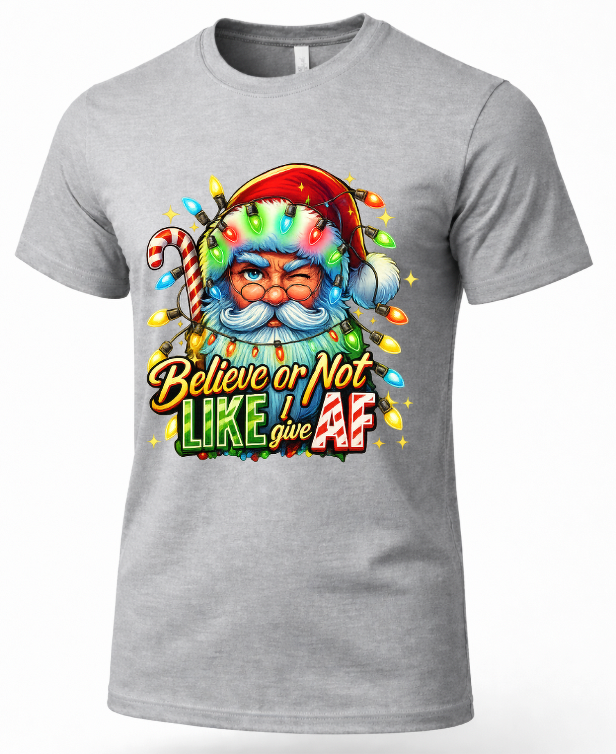 Heather Gray Mockup: Heather gray unisex Christmas t-shirt featuring a colorful Santa Claus graphic and sarcastic holiday lettering.