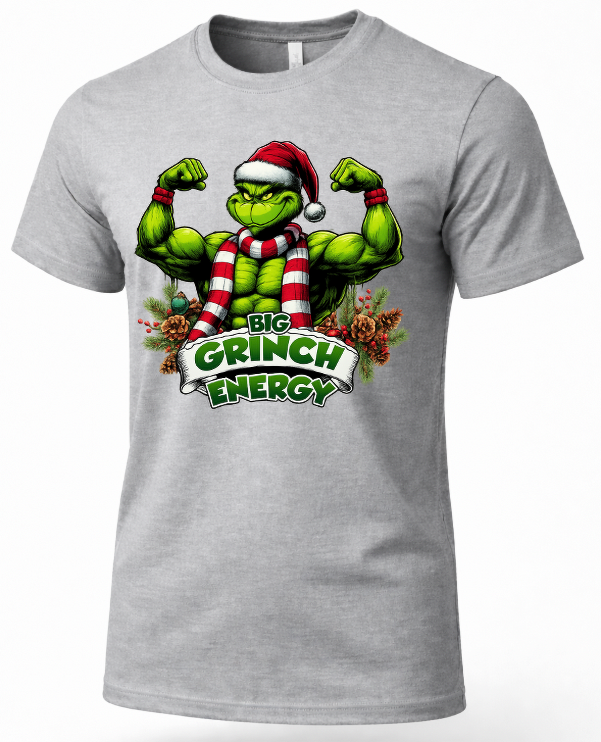 Heather gray Big Grinch Energy Christmas graphic tee featuring a muscular green Grinch flexing with festive Santa hat and scarf.
