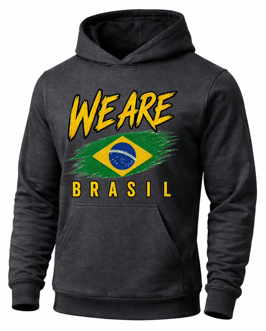 A dark heather gray hoodie featuring a graphic print on the front with the text 'WE ARE BRASIL' in yellow, surrounding a Brazilian flag design.