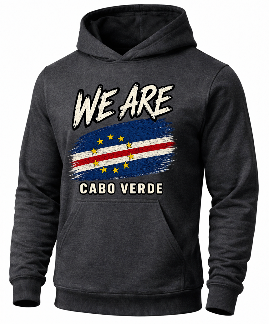 A dark gray heather pullover hoodie featuring a graphic print of the Cabo Verde flag with the text 'WE ARE' above and 'Cabo Verde' below, displayed on a clean white background.