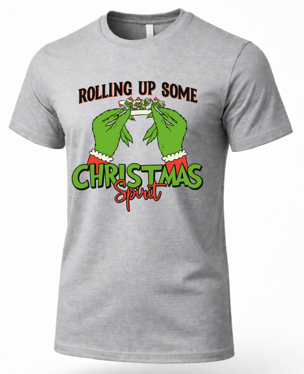 Heather gray unisex Christmas t-shirt featuring cannabis-inspired Rolling Up Some Christmas Spirit artwork.