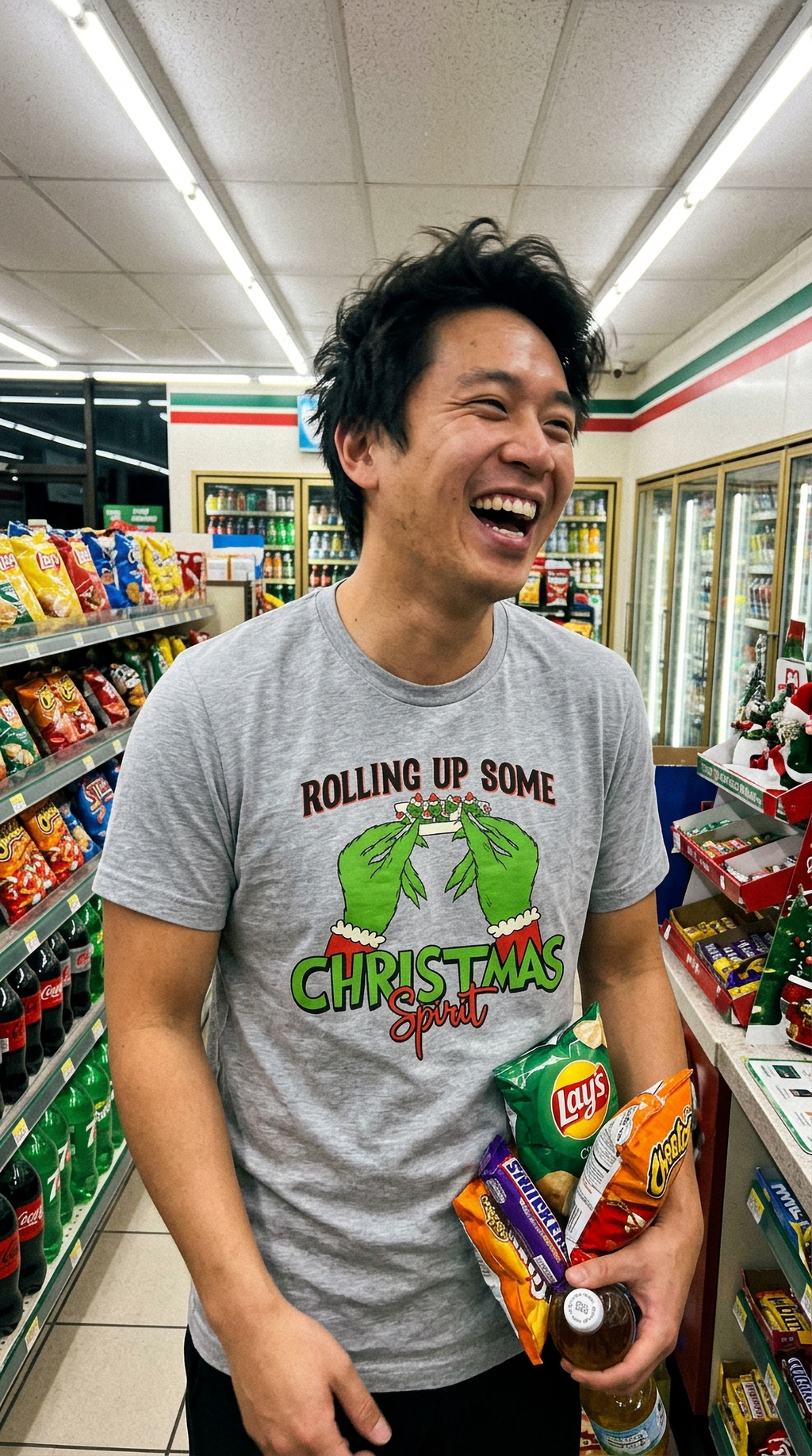 Man wearing heather gray Rolling Up Some Christmas Spirit graphic tee while shopping inside a convenience store.