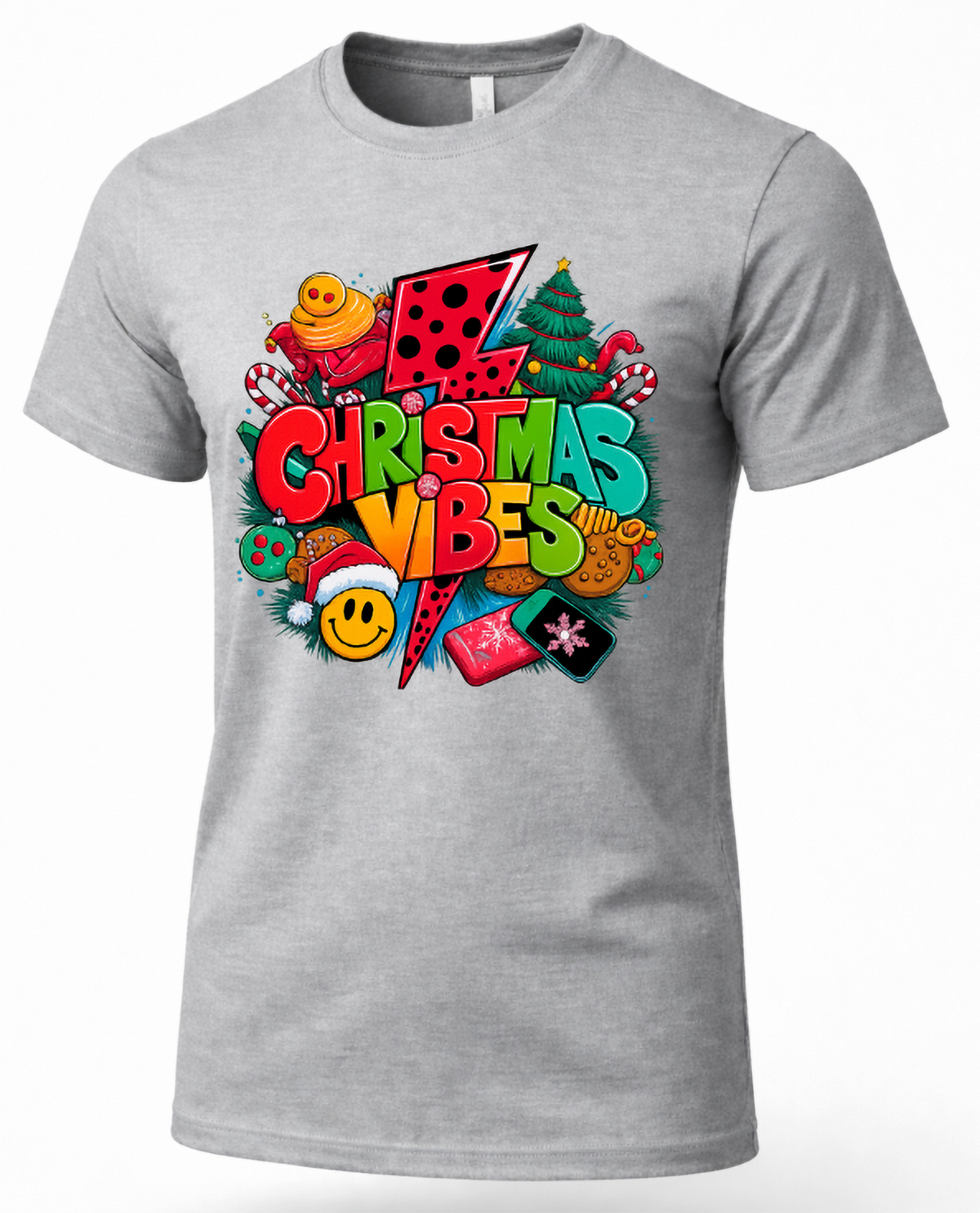 Heather Gray Mockup: Heather gray Christmas Vibes graphic t-shirt featuring vibrant red, green, and turquoise retro Christmas artwork.