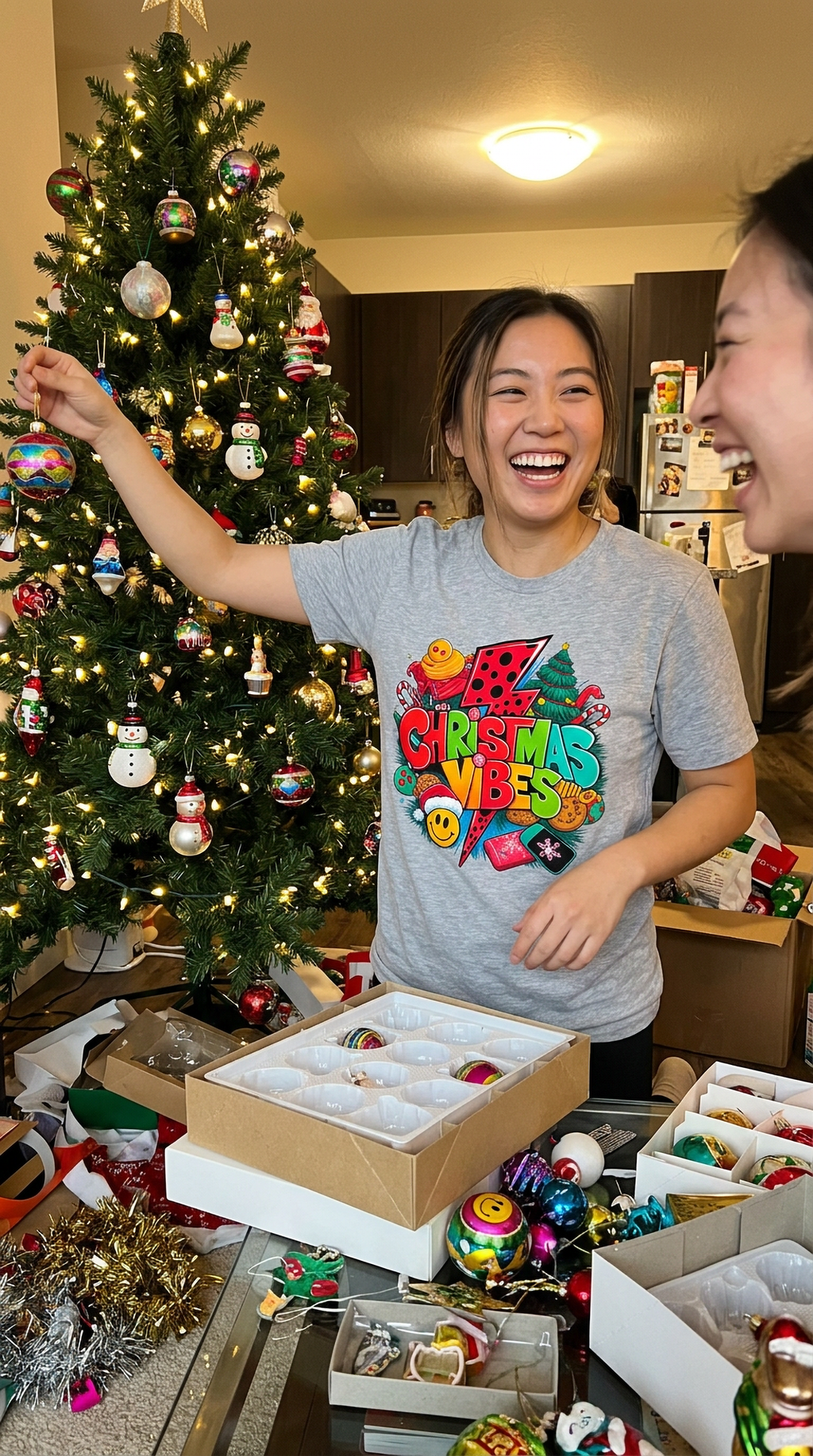 Lifestyle – White: Woman wearing a white Christmas Vibes graphic t-shirt while enjoying an indoor holiday celebration with festive Christmas decorations.