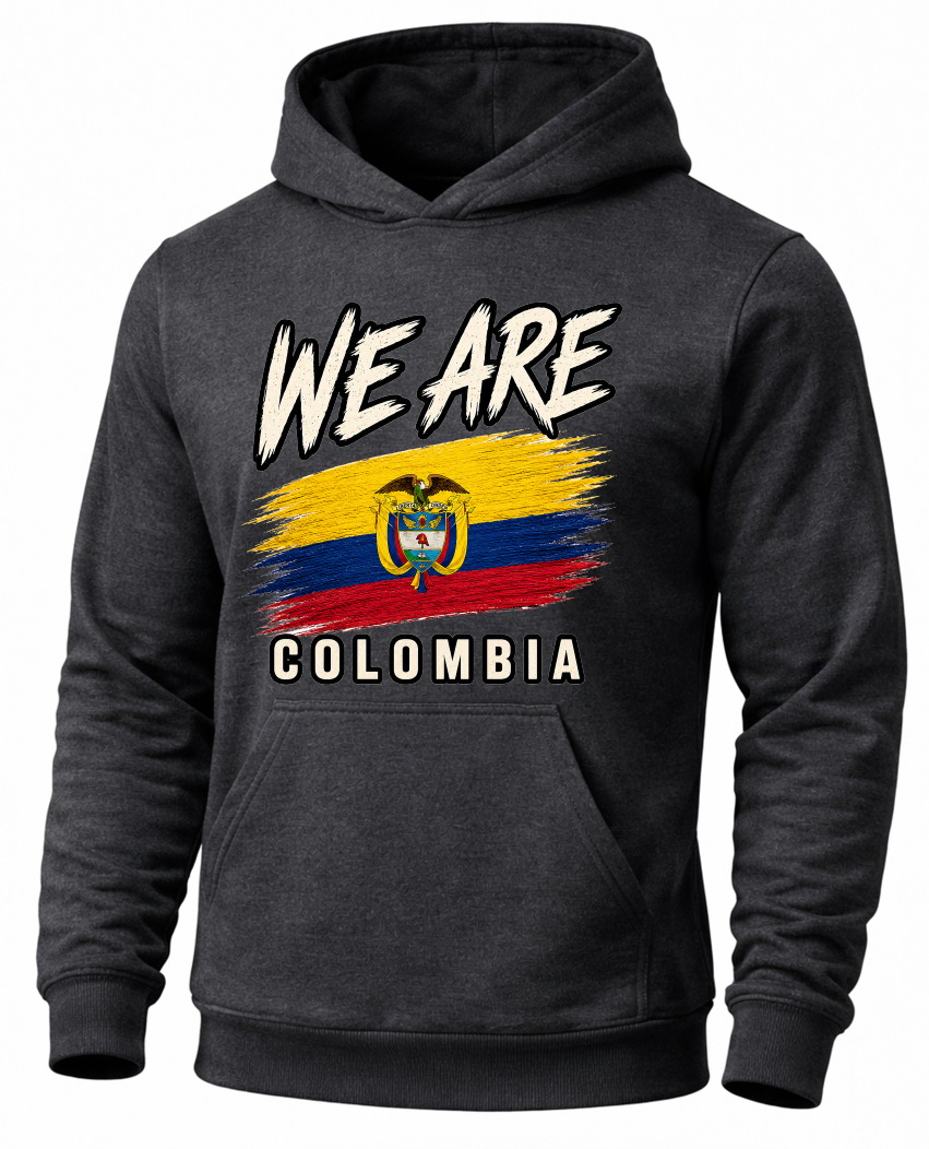 A dark gray heather hoodie featuring a distressed graphic print of the text 'WE ARE' above the Colombian flag and 'COLOMBIA' below, displayed on a clean white background.