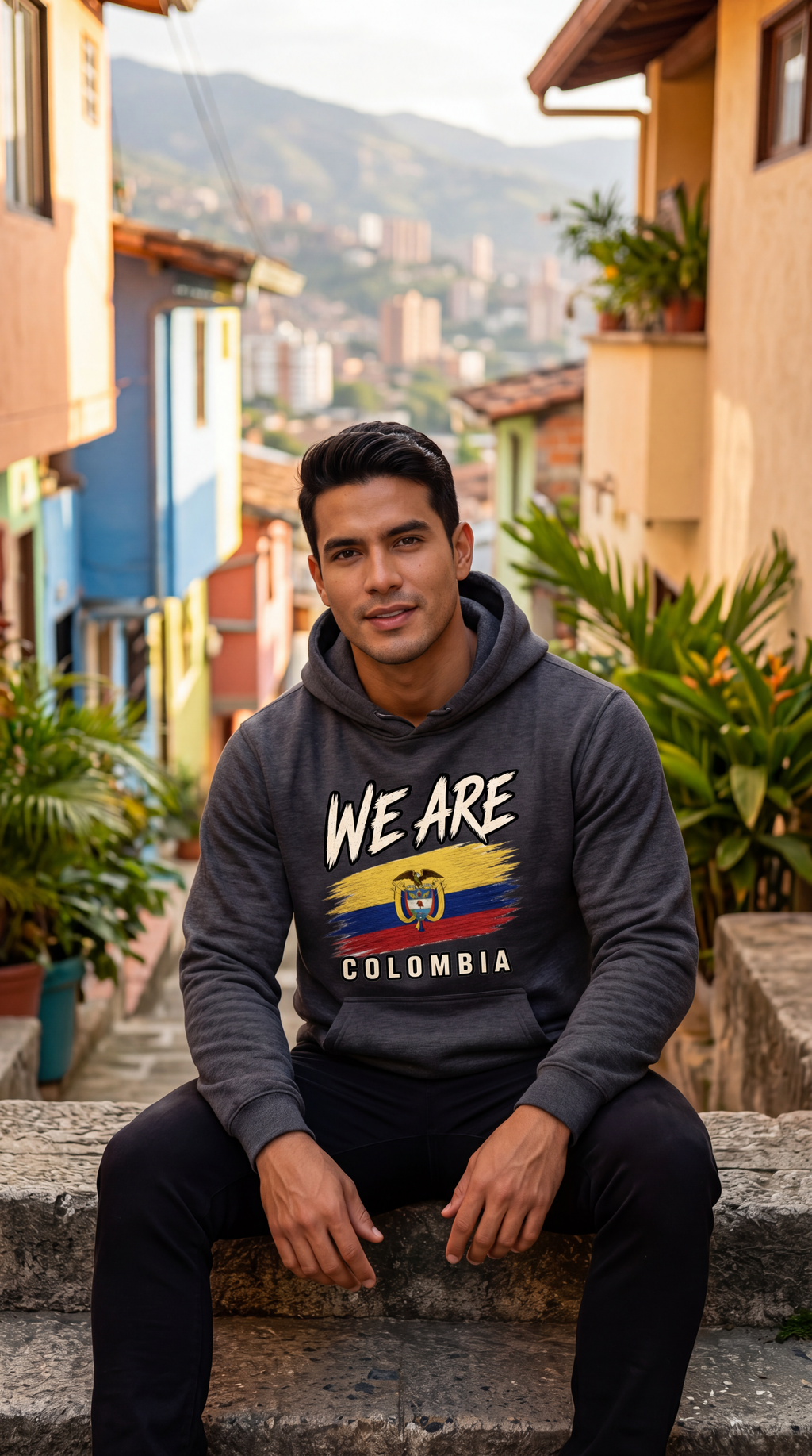 A man sitting on stone steps in a colorful urban setting, wearing a dark gray hoodie with 'WE ARE COLOMBIA' and a Colombian flag graphic on the front.