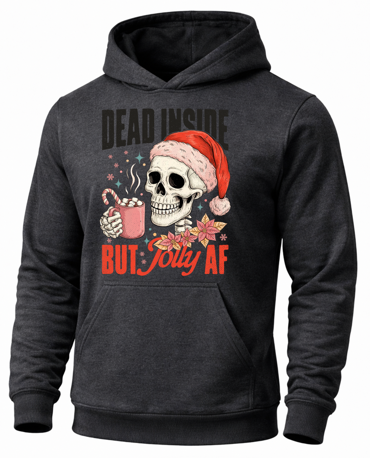 Gray Christmas skeleton hoodie with Santa skull and hot cocoa graphic