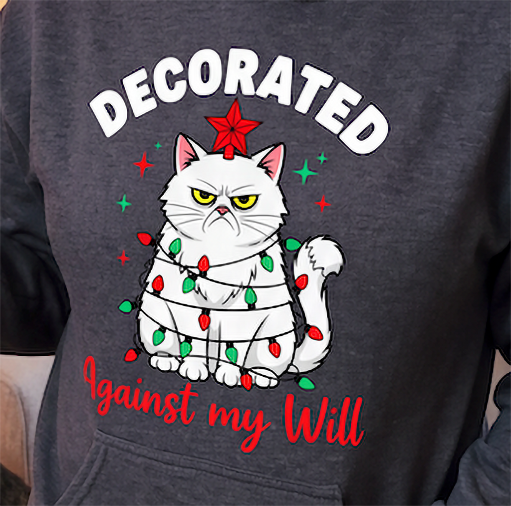Close-up of gray funny Christmas cat hoodie with sarcastic holiday design