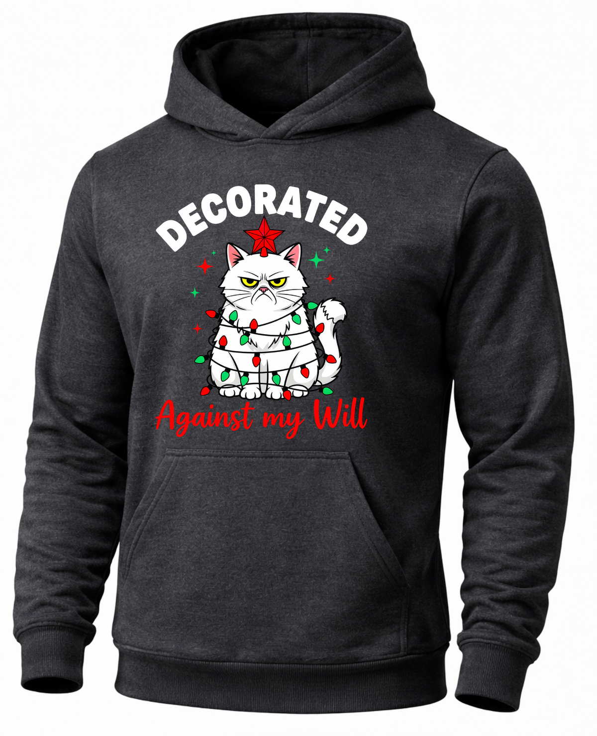 Gray cat Christmas hoodie with Decorated Against My Will Christmas lights graphic