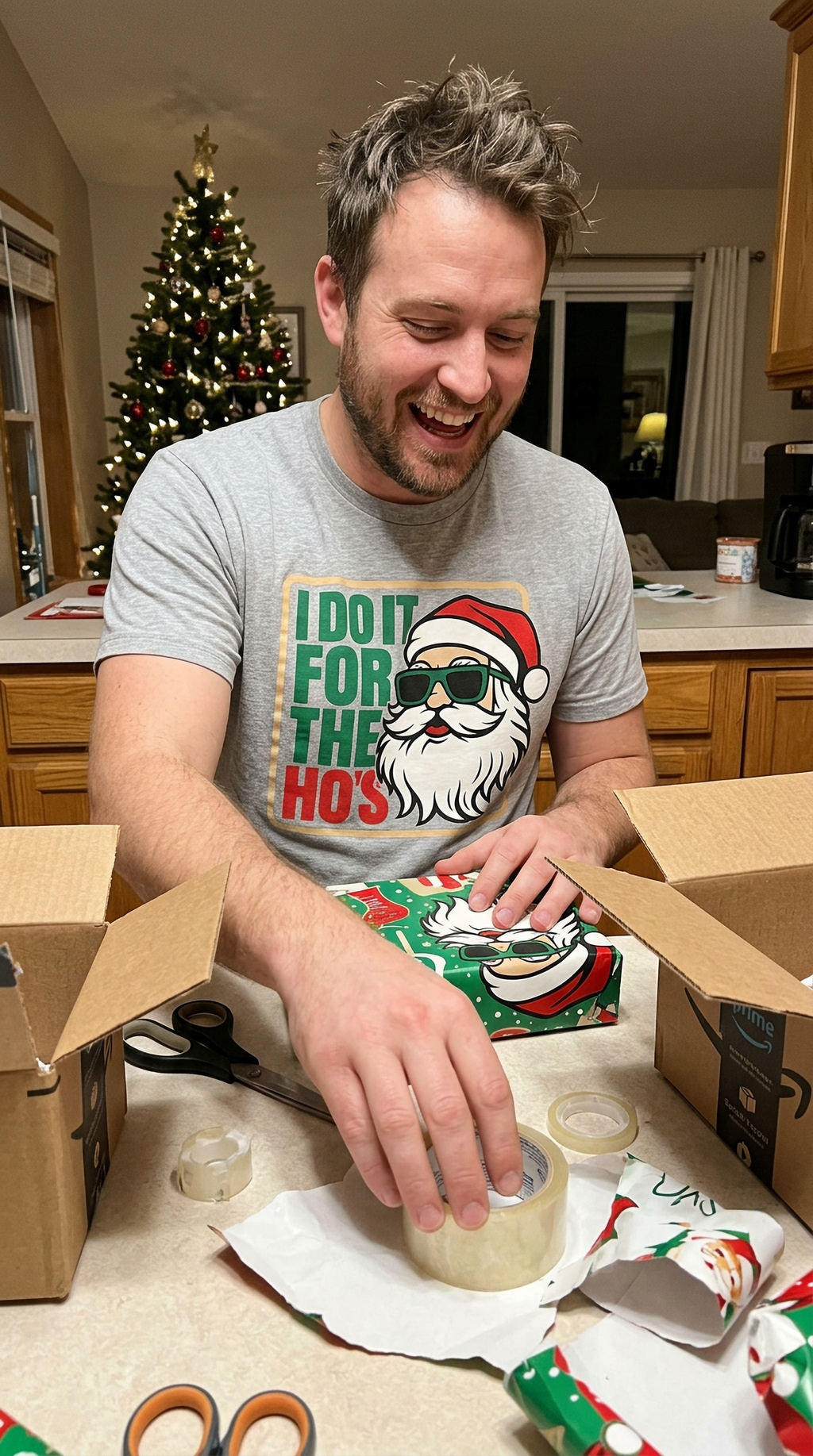 Woman wearing a heather gray funny Santa Christmas shirt while wrapping gifts at a holiday gathering.