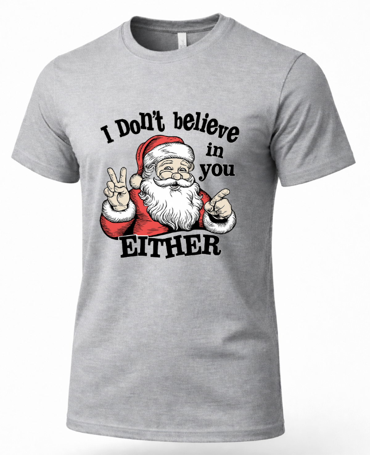 Heather gray unisex sarcastic Santa Christmas t-shirt featuring vintage Santa artwork and funny holiday saying.