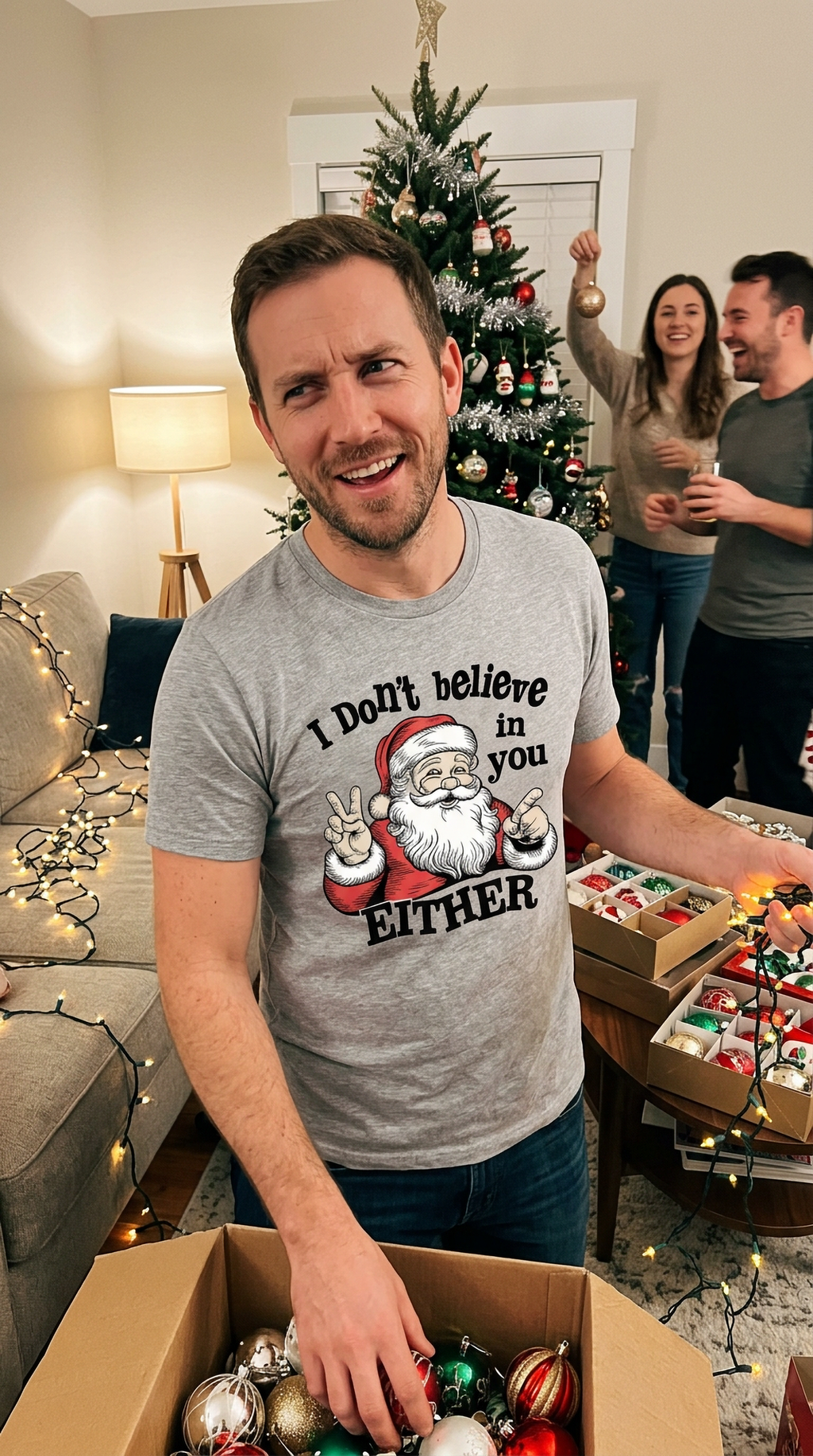 Man wearing a gray funny Santa Christmas shirt while celebrating at a Christmas party with friends.