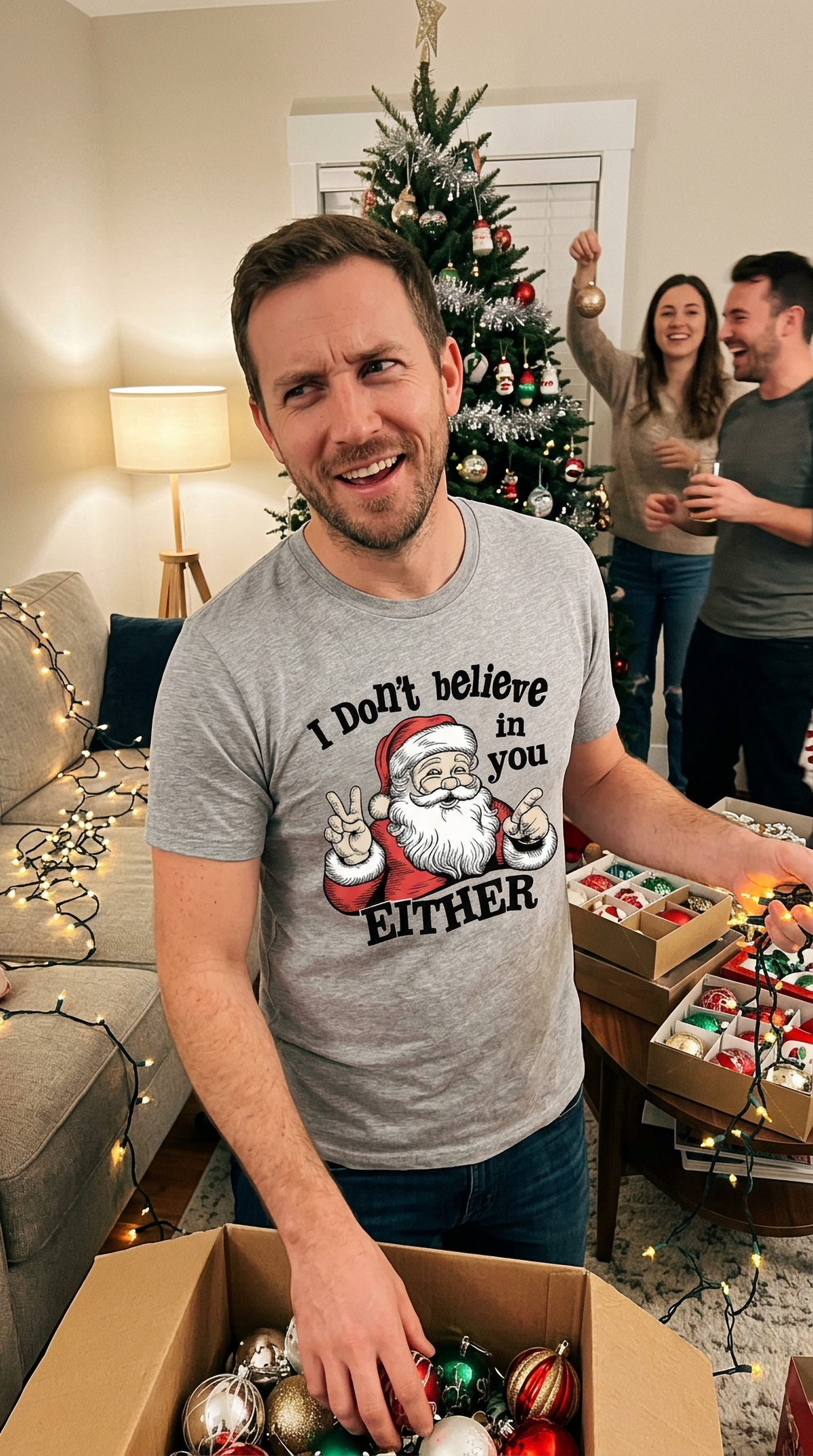 Man wearing a gray funny Santa Christmas shirt while celebrating at a Christmas party with friends.