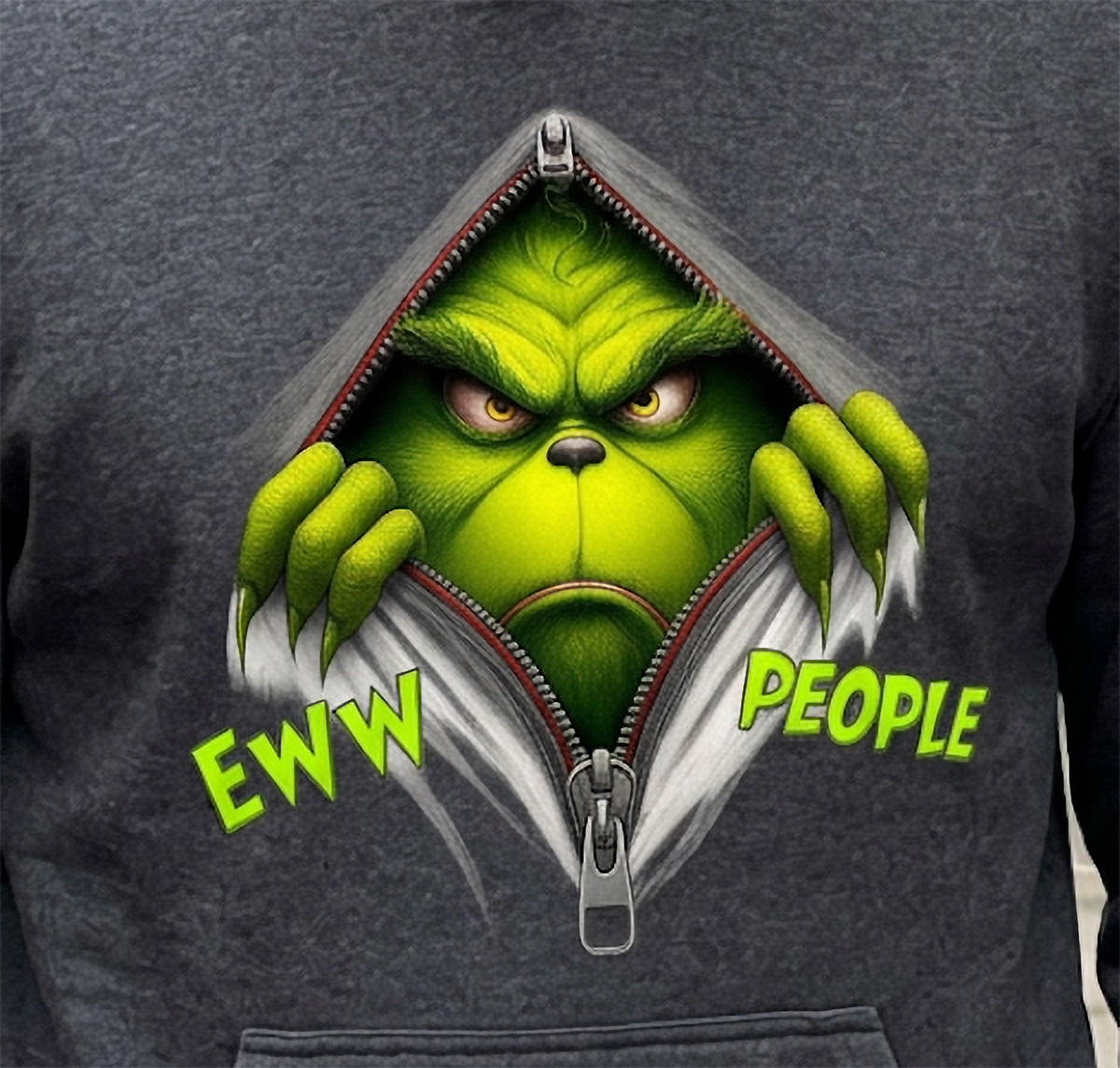 Close-up of Eww People Grinch Christmas graphic on gray hoodie