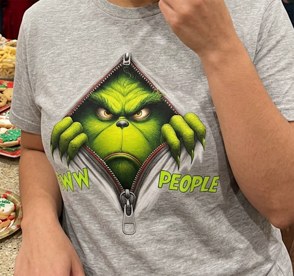 Heather Gray Close-Up: Detailed close-up of the Eww People Grinch Christmas design printed on soft heather gray fabric.