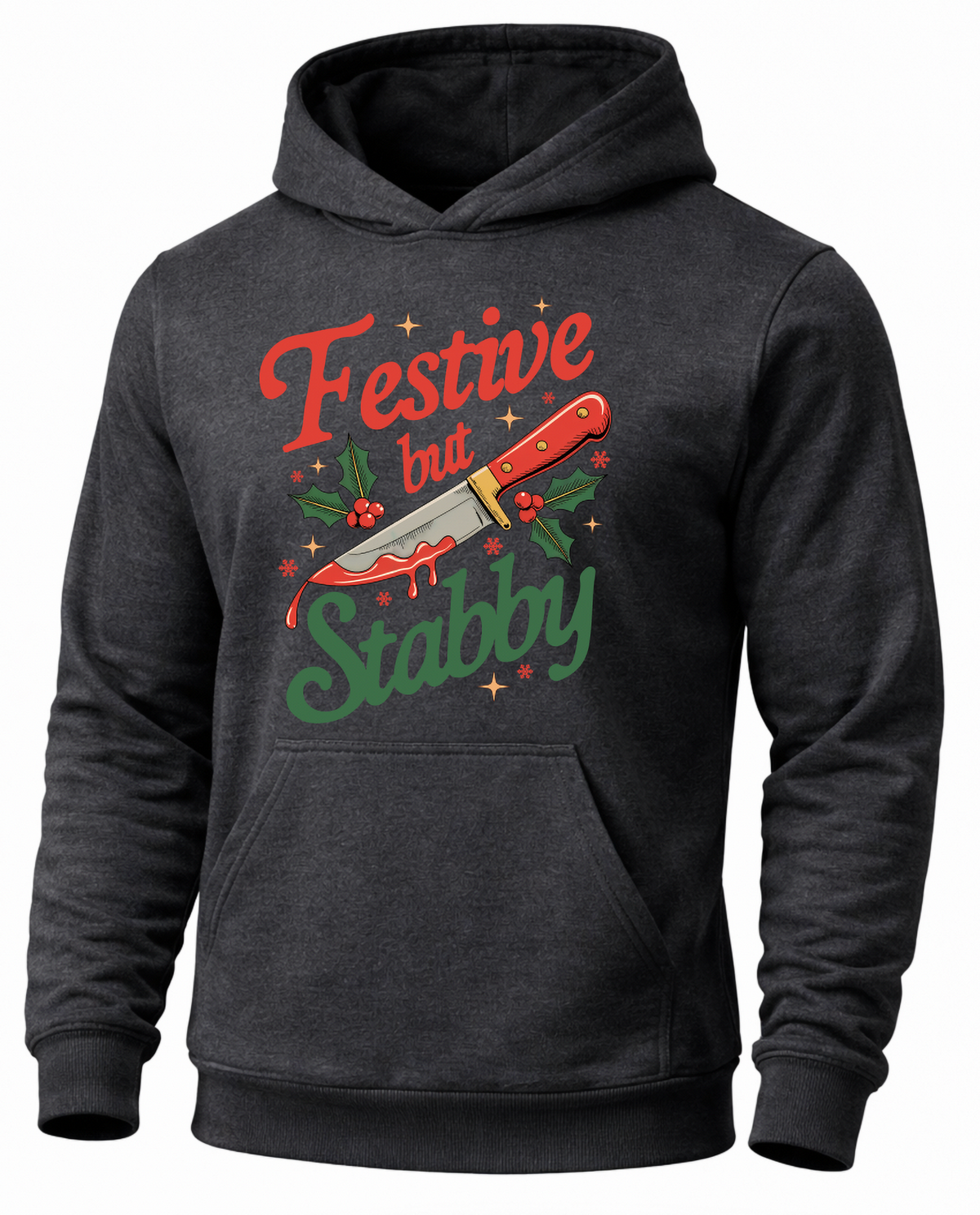 Gray Festive But Stabby Christmas hoodie with retro holiday knife design