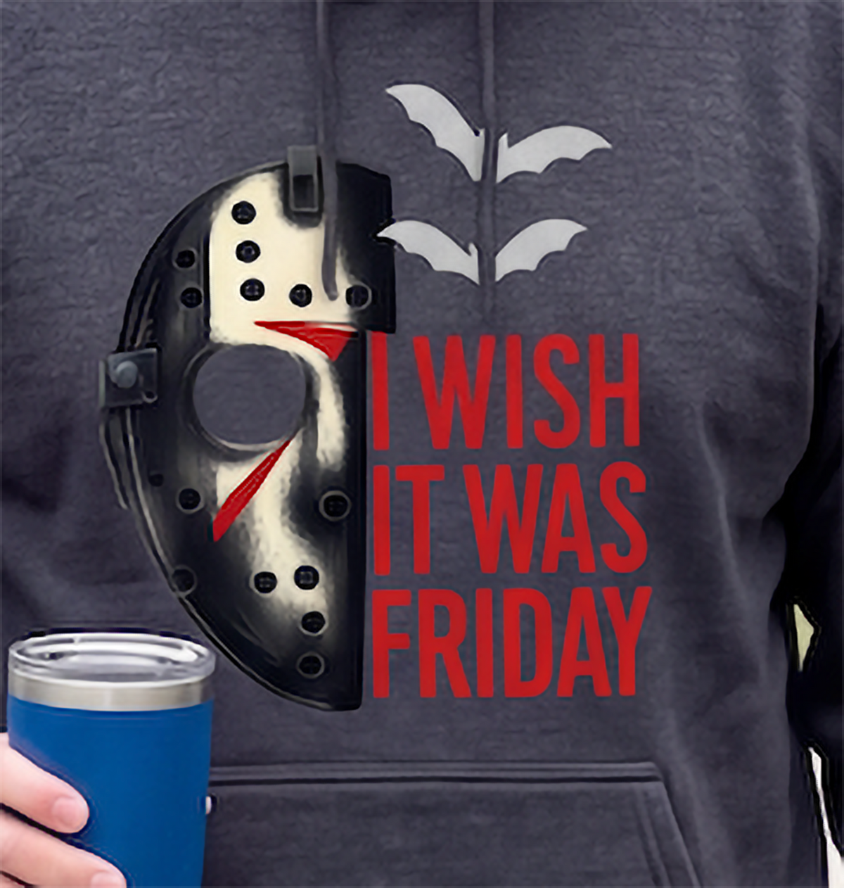 Close-up of gray Jason Voorhees hoodie with I Wish It Was Friday graphic