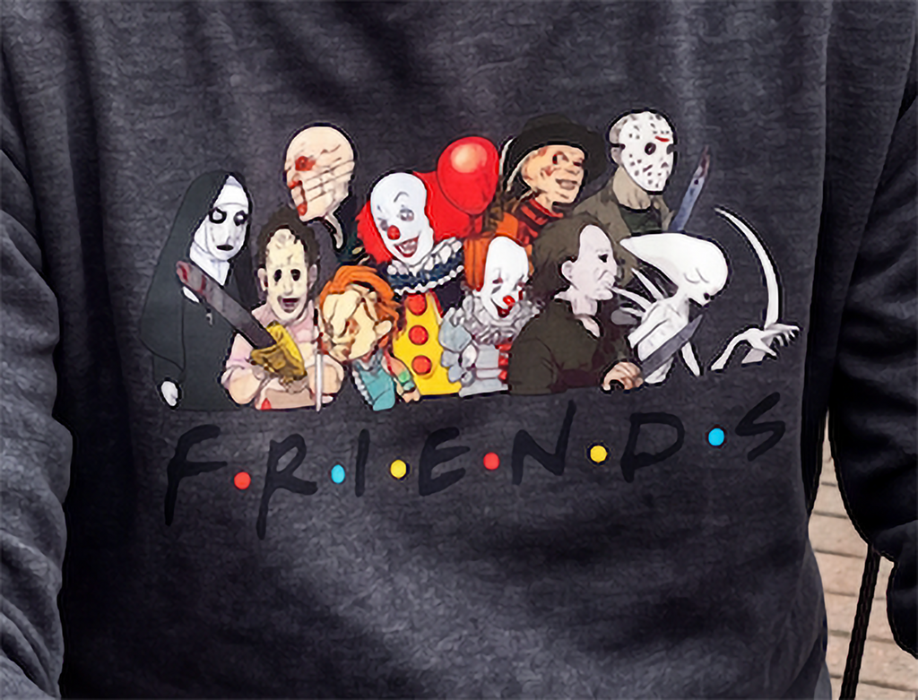Close-up of dark gray Horror Friends Halloween hoodie with classic horror icons