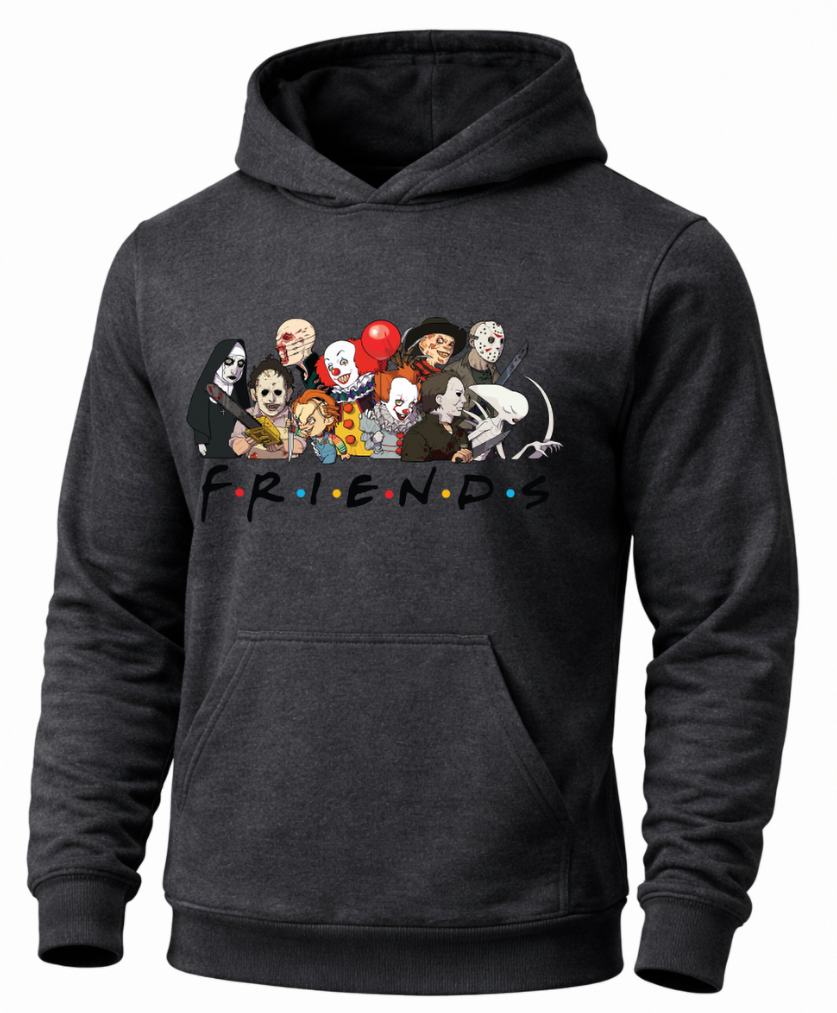 Dark gray Horror Friends hoodie with colorful horror character design