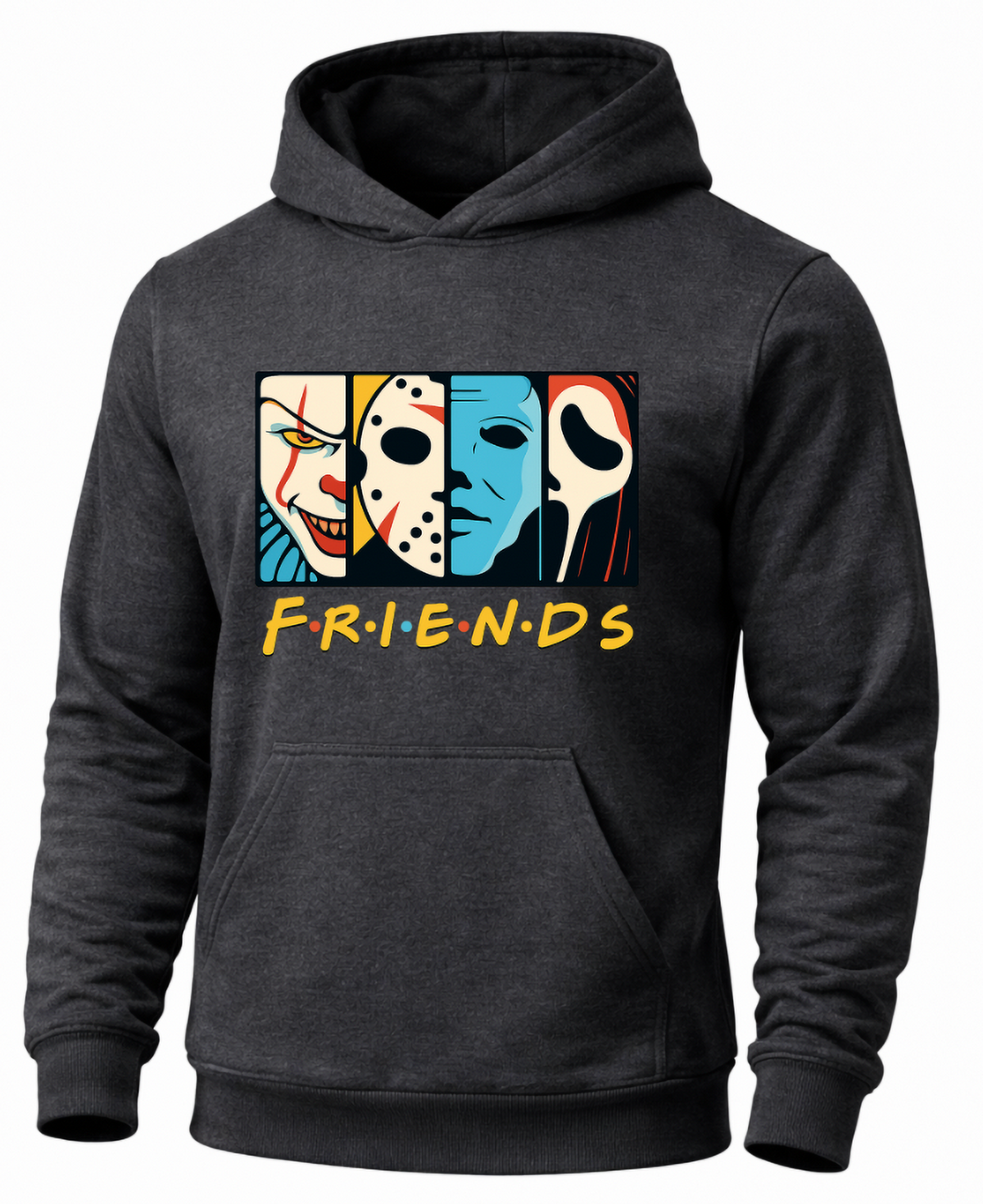 Gray Horror Friends pullover hoodie with colorful slasher movie character design