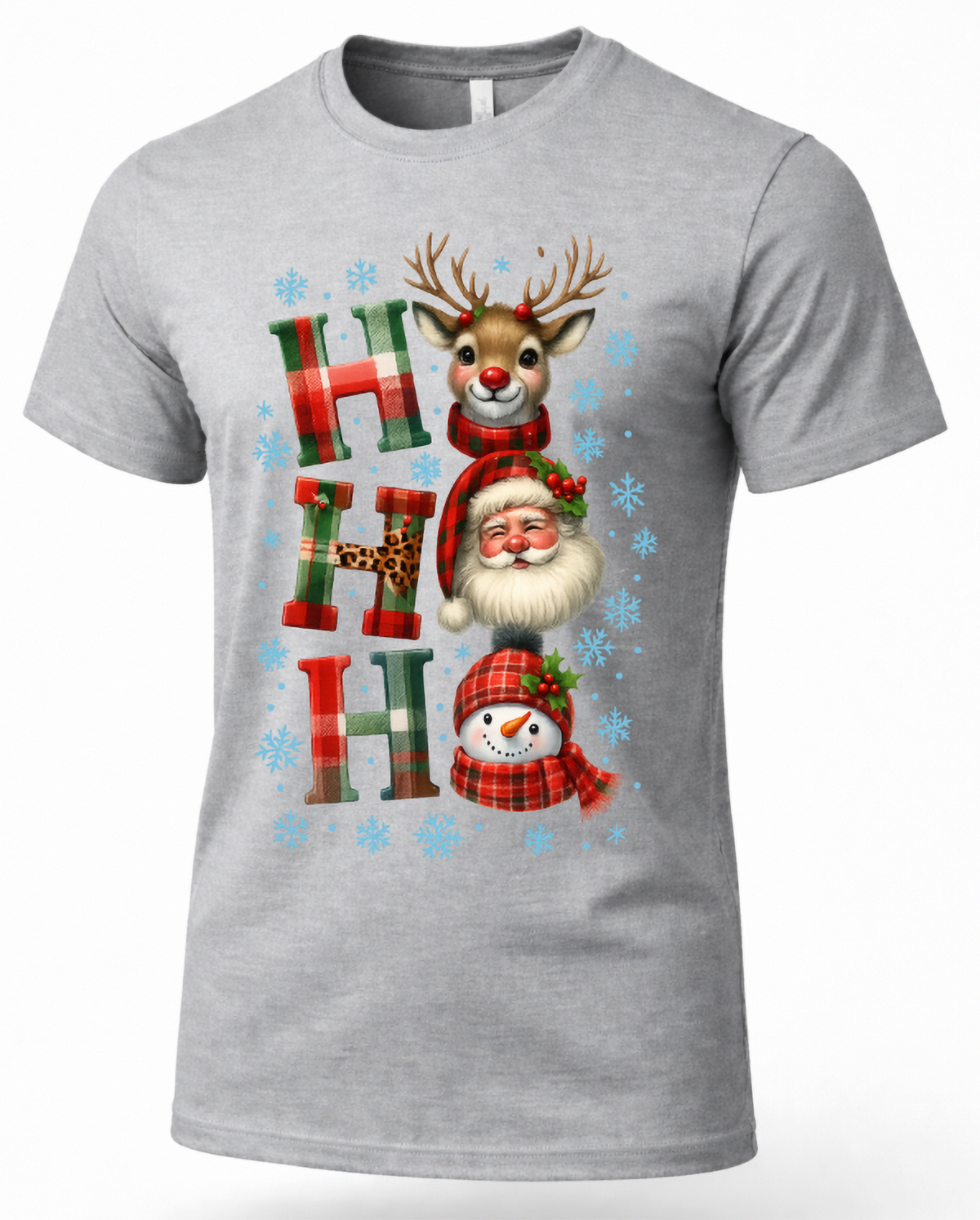 Heather gray unisex Ho Ho Ho Christmas shirt featuring Santa Claus, reindeer, snowman and festive plaid lettering.