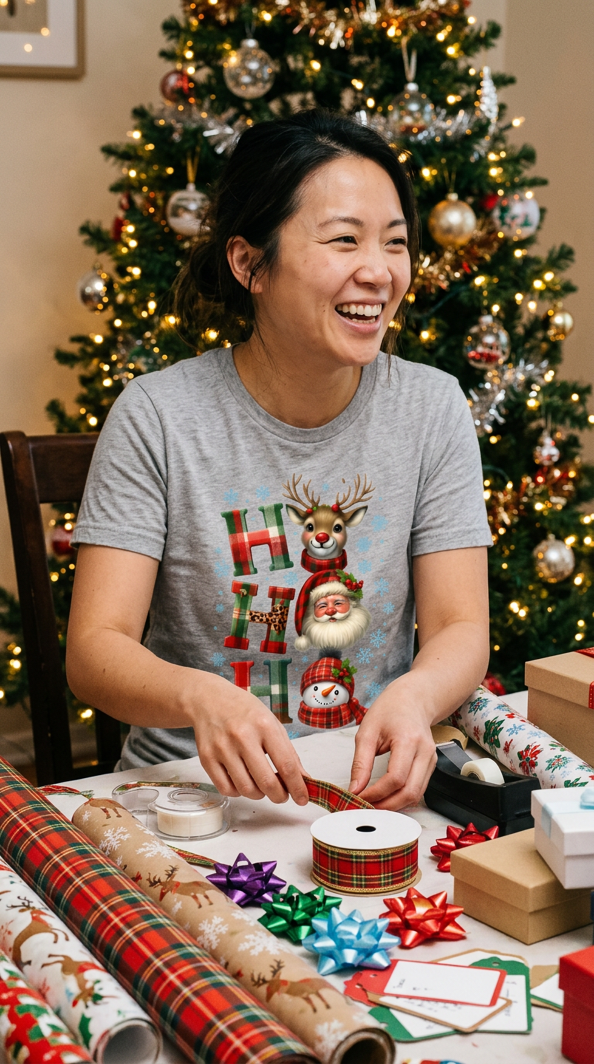 Woman wearing heather gray Christmas graphic tee while wrapping holiday presents beside a decorated Christmas tree.