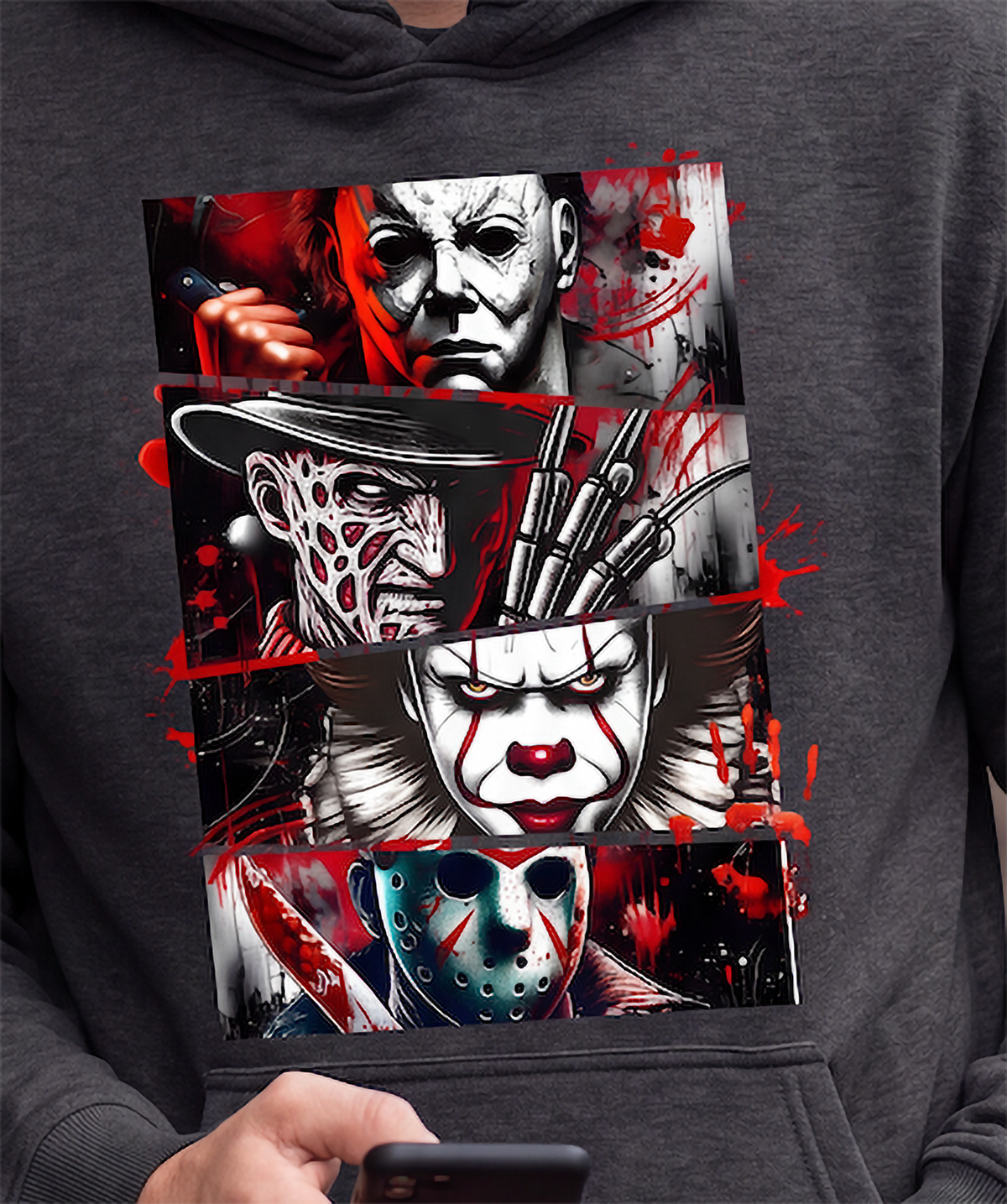 Close-up of gray horror hoodie with Michael Myers Freddy Pennywise and Jason graphic