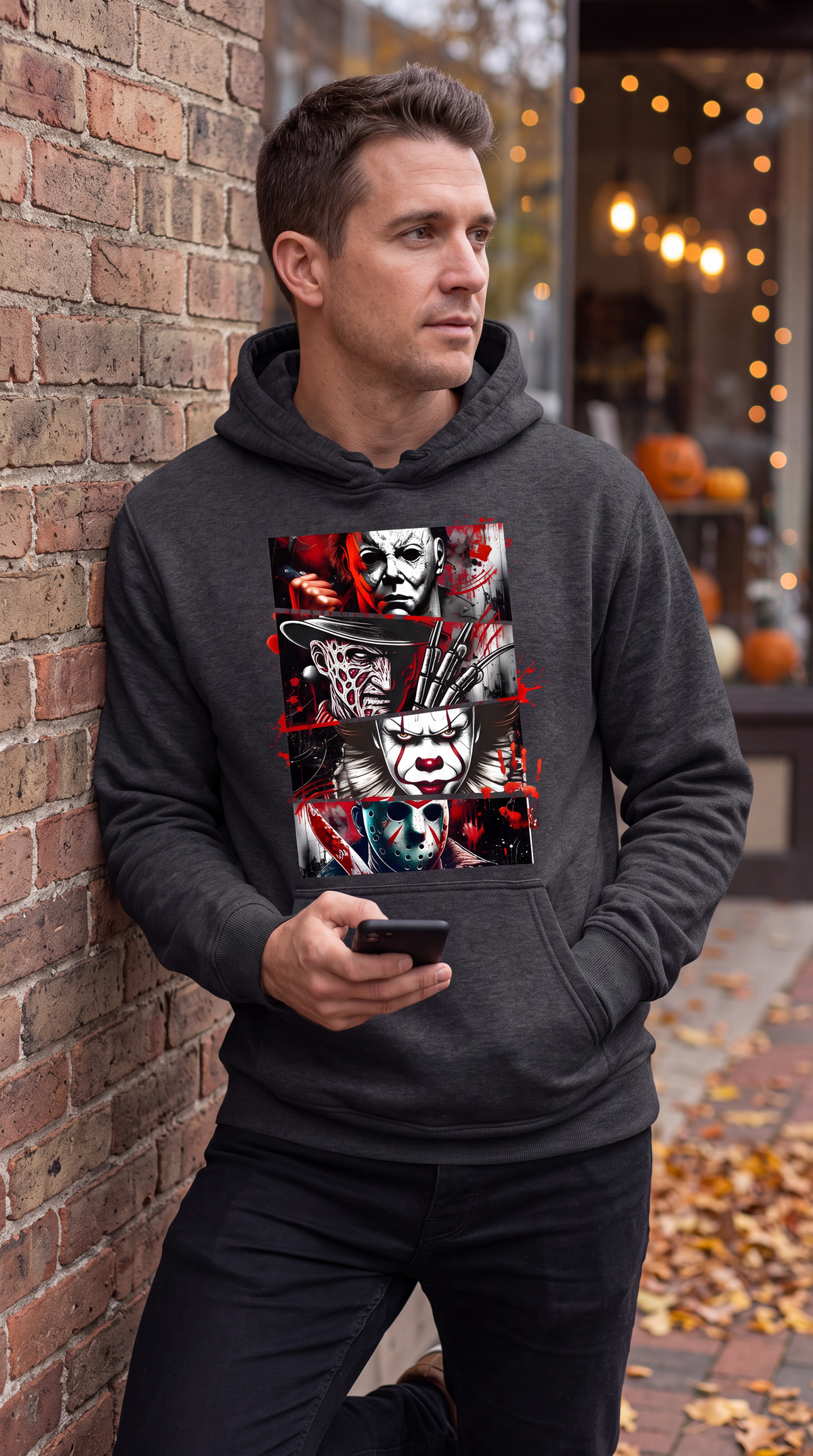 Man wearing gray horror movie icons hoodie outdoors
