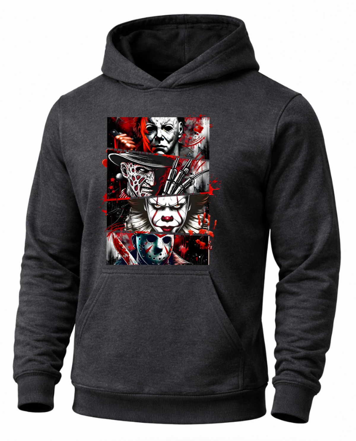 Gray horror movie icons hoodie featuring Michael Myers Freddy Pennywise and Jason