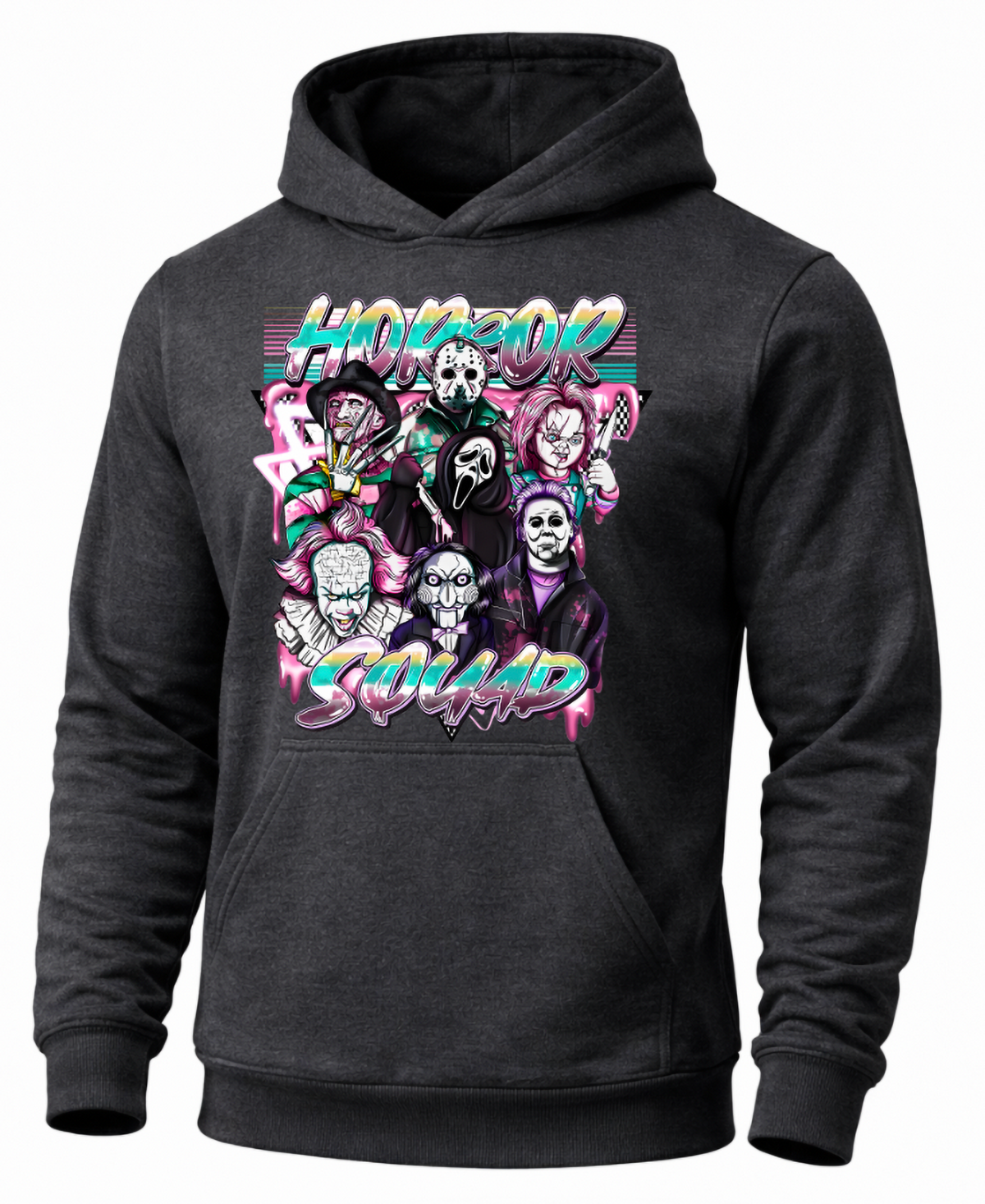 Dark gray Horror Squad hoodie with colorful classic horror character design