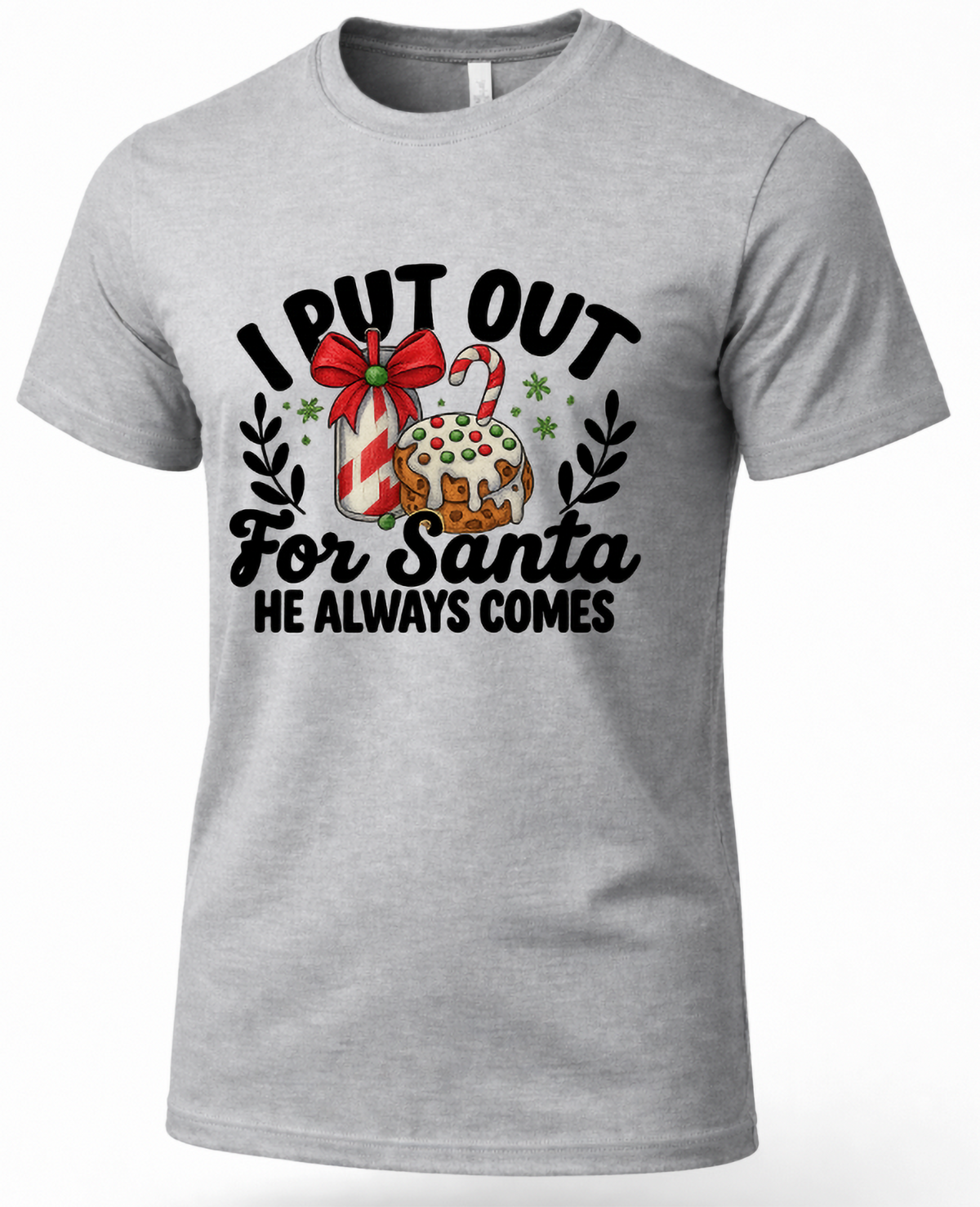 Heather gray I Put Out for Santa t-shirt with funny naughty Christmas design
