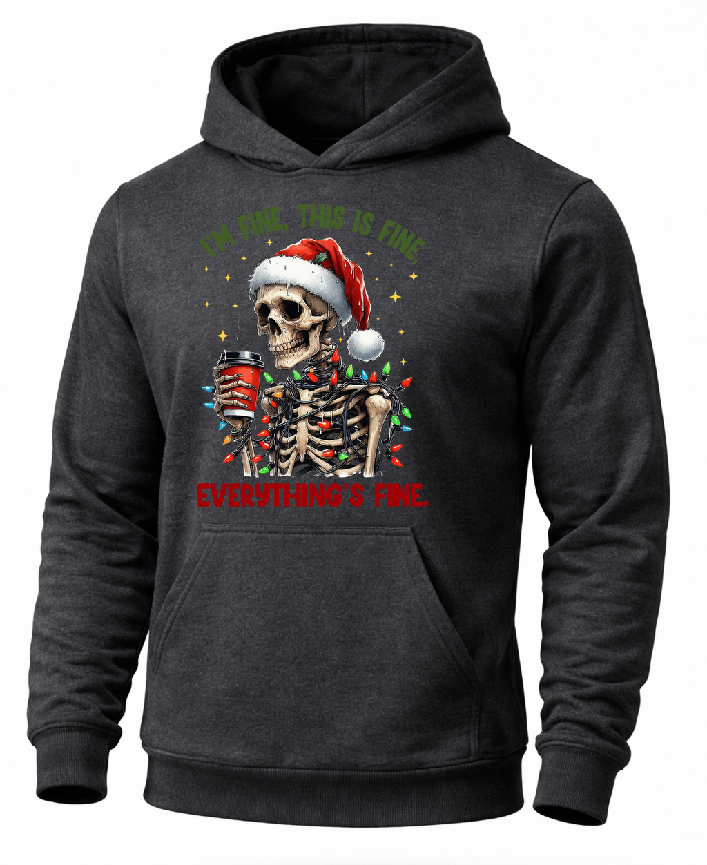 Gray funny Christmas hoodie with Santa skeleton, coffee cup and holiday lights graphic