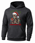 Gray funny Christmas hoodie with Santa skeleton, coffee cup and holiday lights graphic