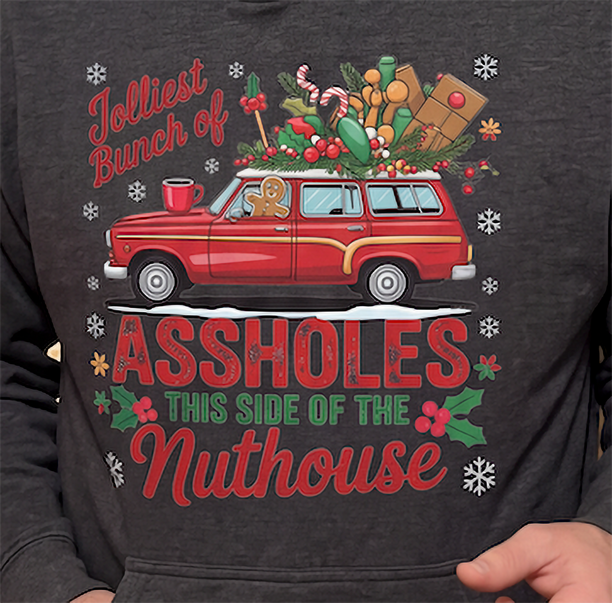 Close-up of gray sarcastic Christmas hoodie with funny family holiday graphic