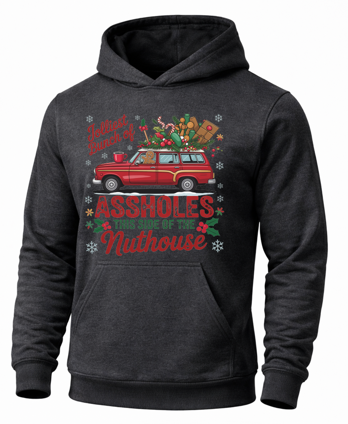 Gray funny Christmas hoodie with Jolliest Bunch retro station wagon design