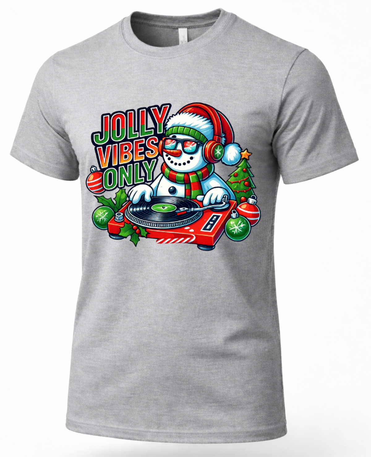 Heather Gray Mockup: Heather gray unisex Christmas t-shirt featuring a colorful snowman DJ spinning records.