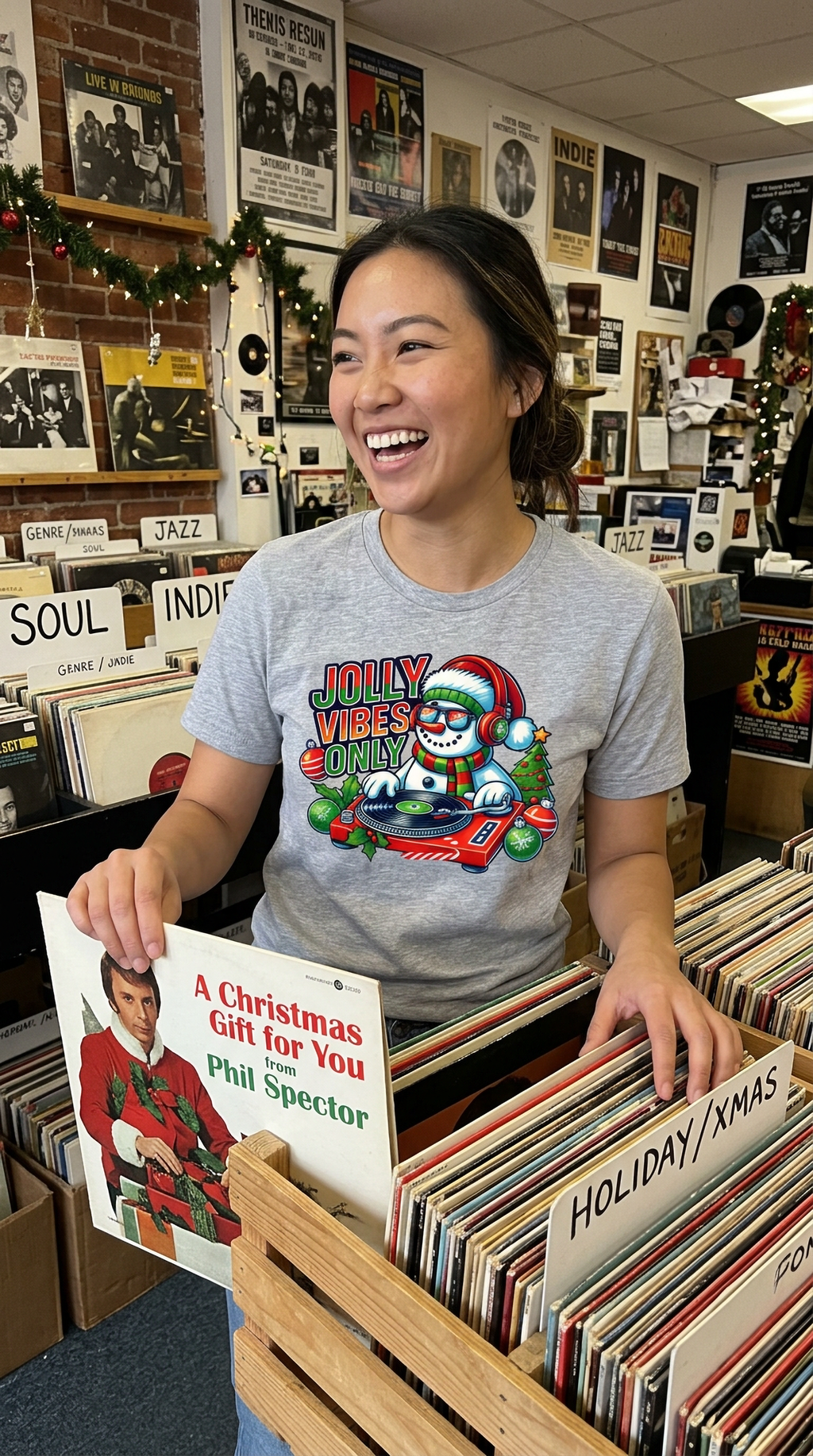 Gray Lifestyle: Person wearing a sand-colored Jolly Vibes Only Christmas t-shirt with a playful snowman DJ graphic.