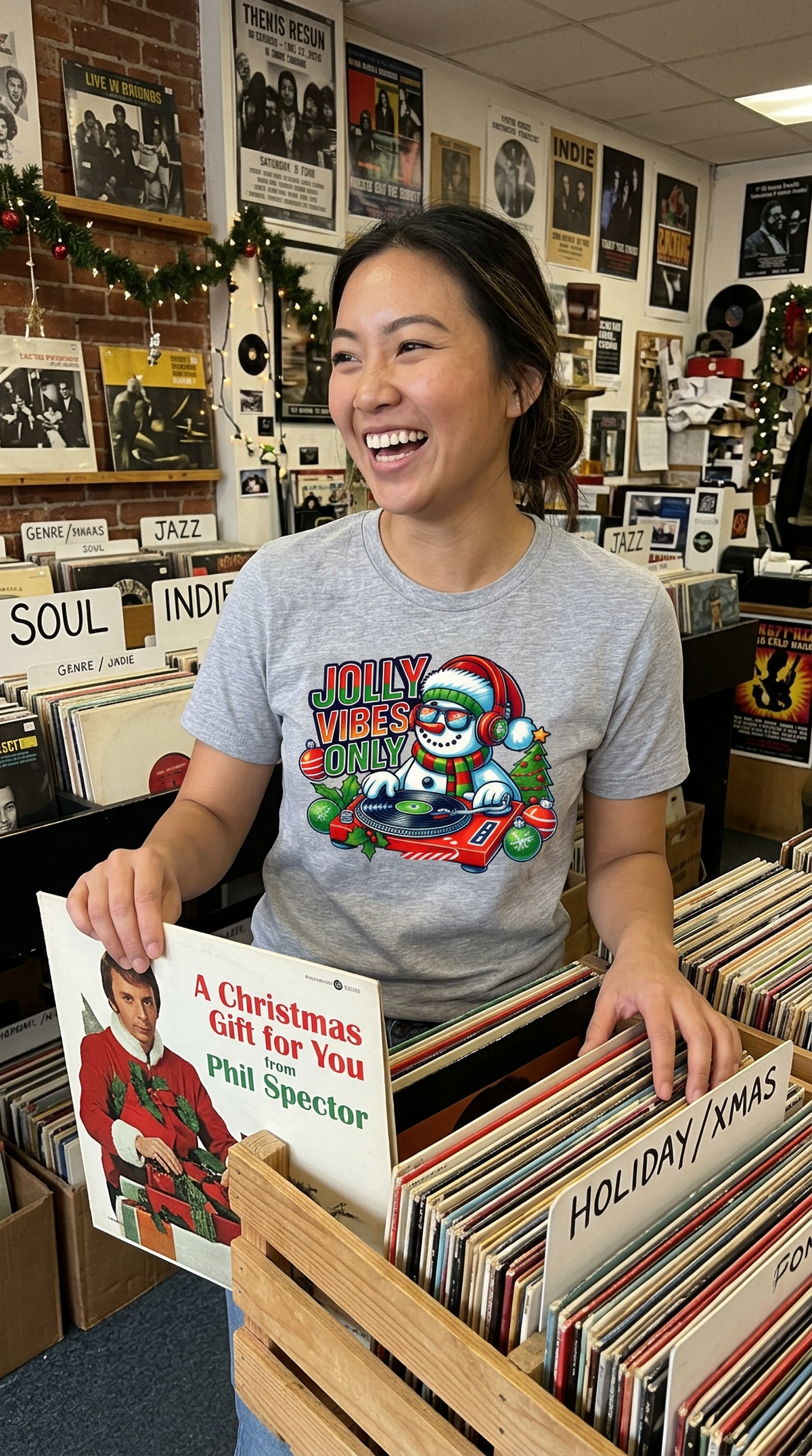 Gray Lifestyle: Person wearing a sand-colored Jolly Vibes Only Christmas t-shirt with a playful snowman DJ graphic.