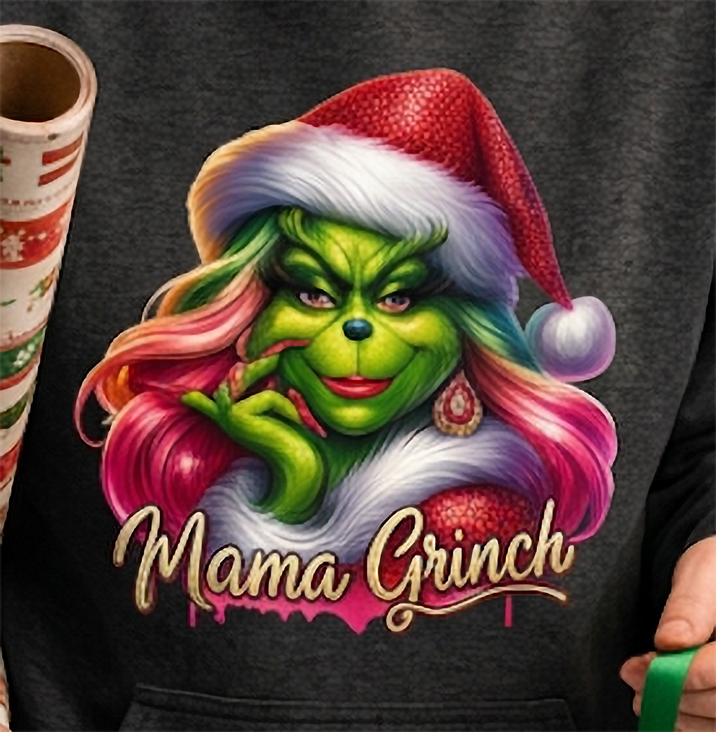 Close-up of Mama Grinch Christmas graphic on gray hoodie