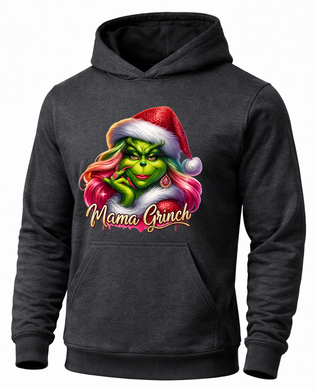 Gray Mama Grinch hoodie with pink-haired Grinch Christmas design