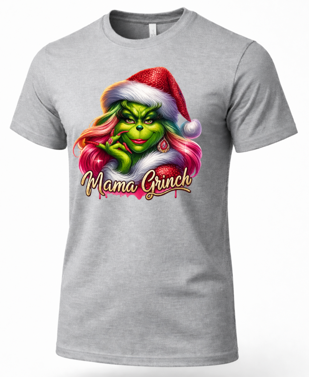 Heather gray Mama Grinch graphic tee featuring glamorous green Christmas character with pink hair and Santa hat.