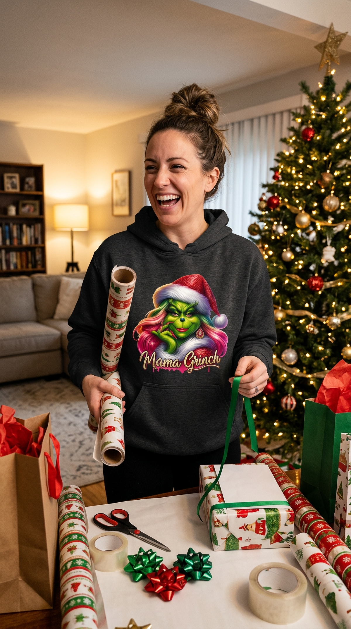 Woman wearing gray Mama Grinch hoodie beside Christmas decorations