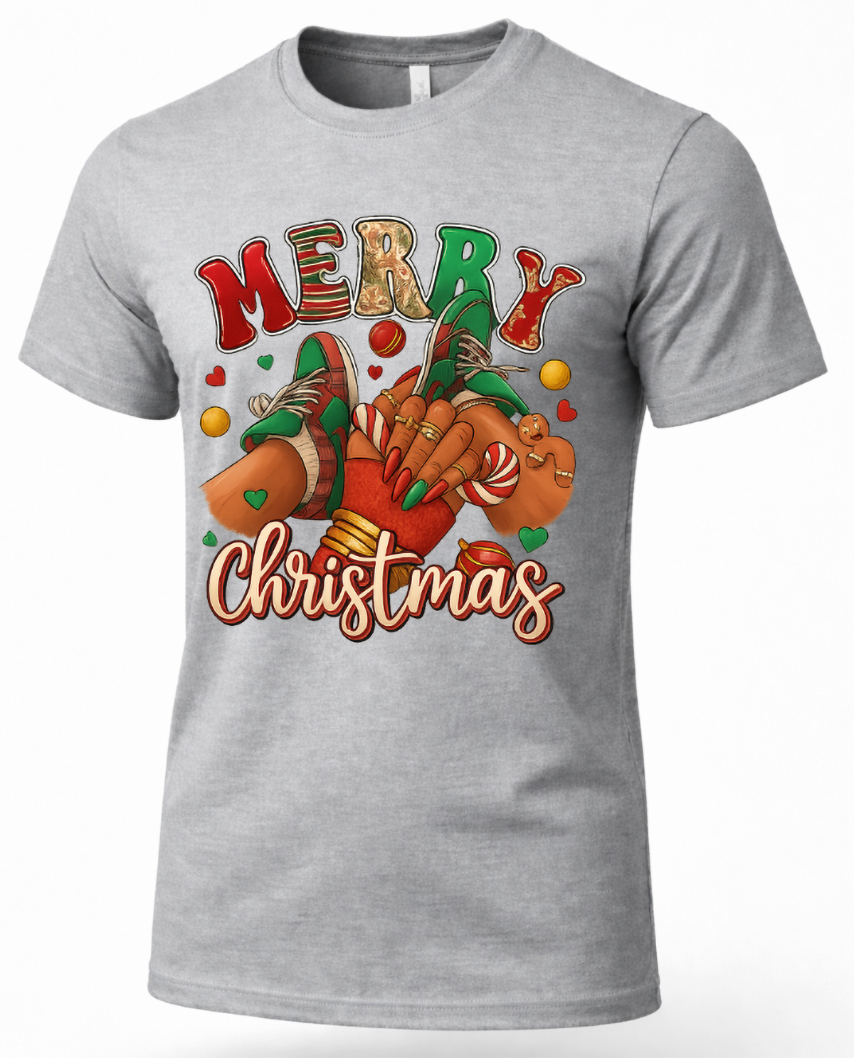 Heather Gray Mockup: Heather gray unisex Christmas graphic tee featuring festive sneakers, holiday lettering, and colorful seasonal decorations.