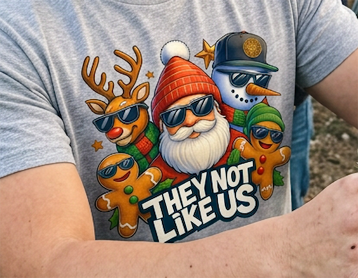 Heather Gray Close-Up: Detailed close-up of They Not Like Us Christmas artwork on a heather gray t-shirt featuring festive characters in sunglasses.
