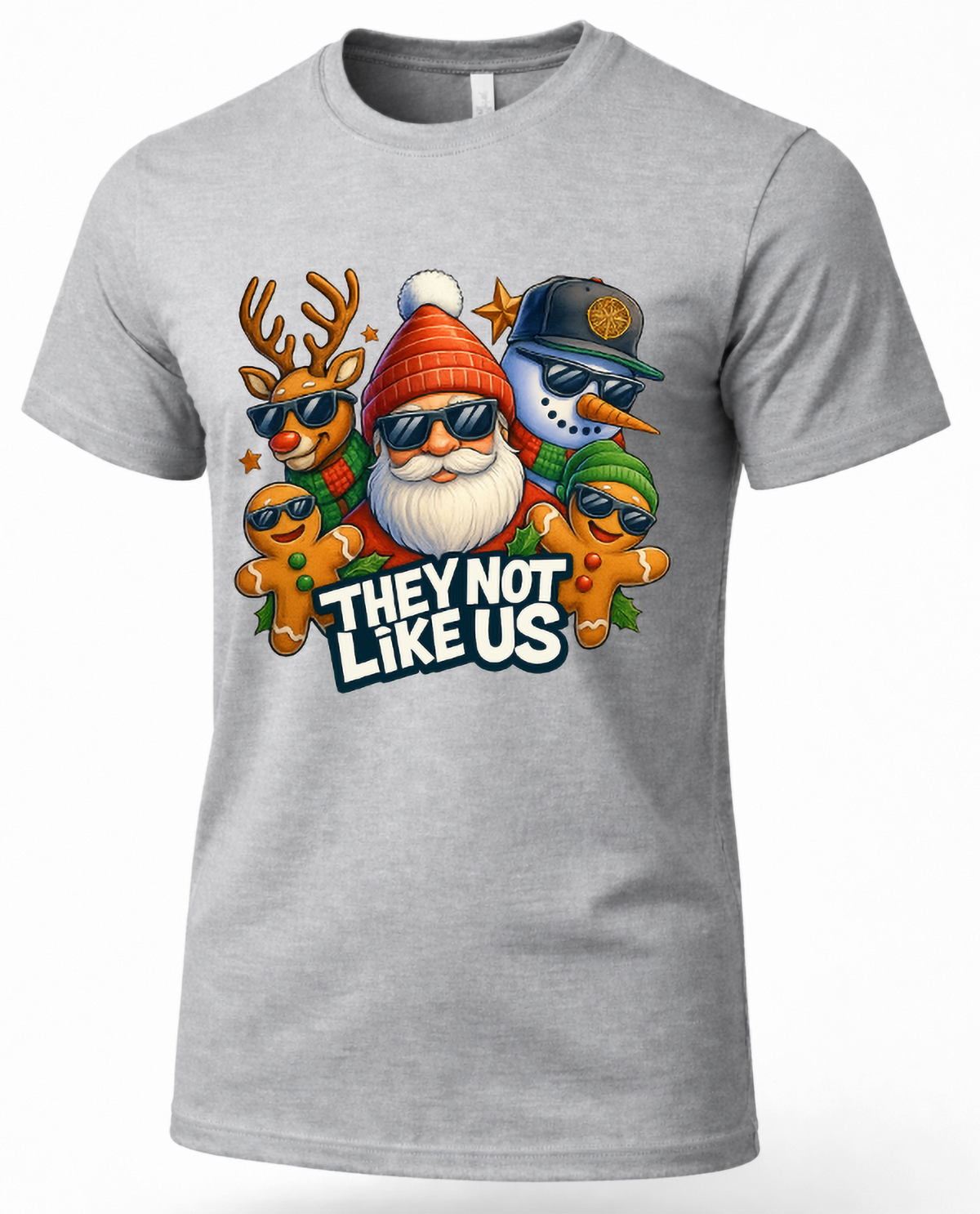 Heather Gray Mockup: Heather gray unisex Christmas t-shirt displaying the They Not Like Us Santa and holiday crew graphic.