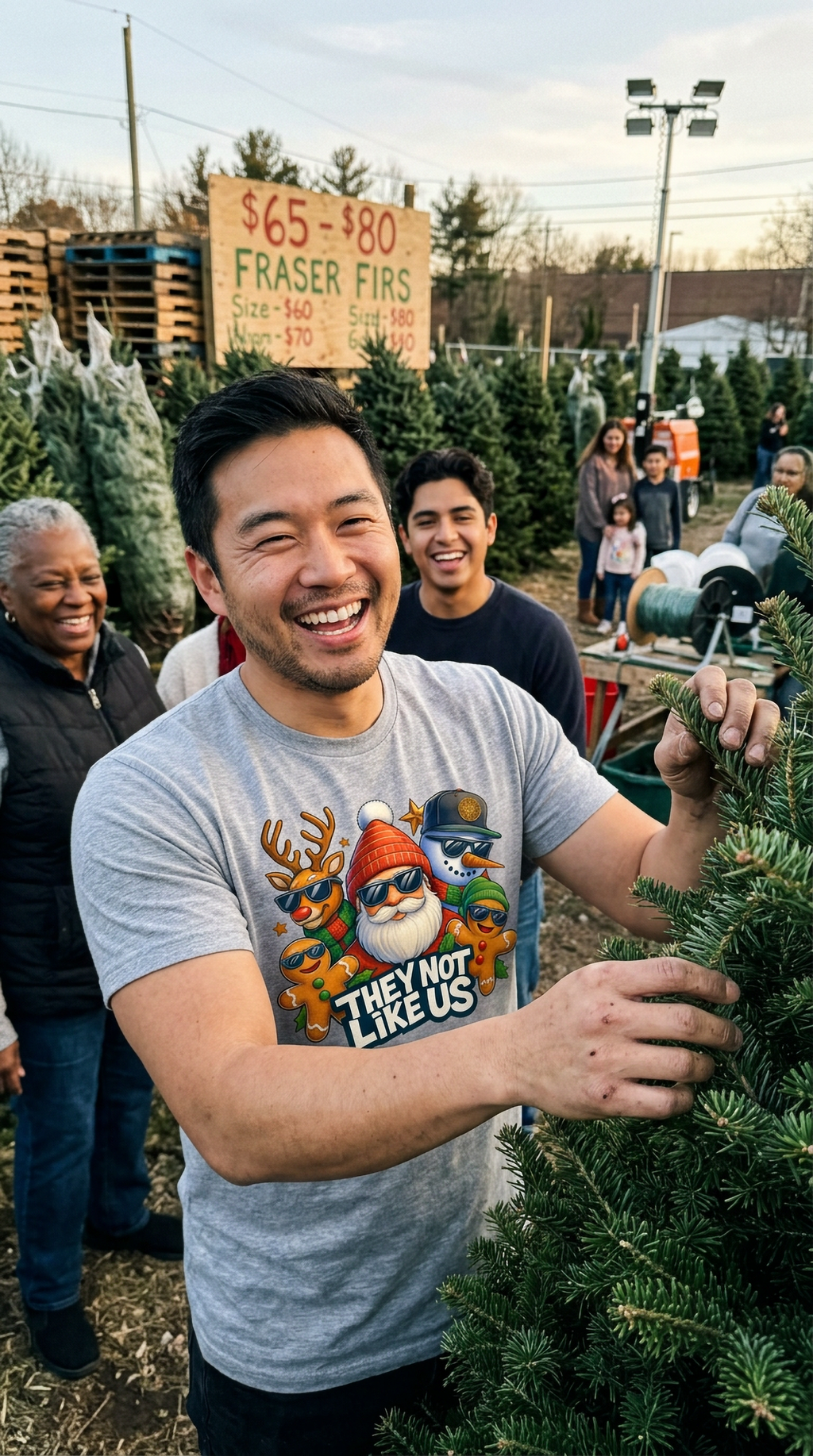 Heather Gray Lifestyle: Man wearing a heather gray funny Christmas graphic t-shirt with a colorful holiday character design.