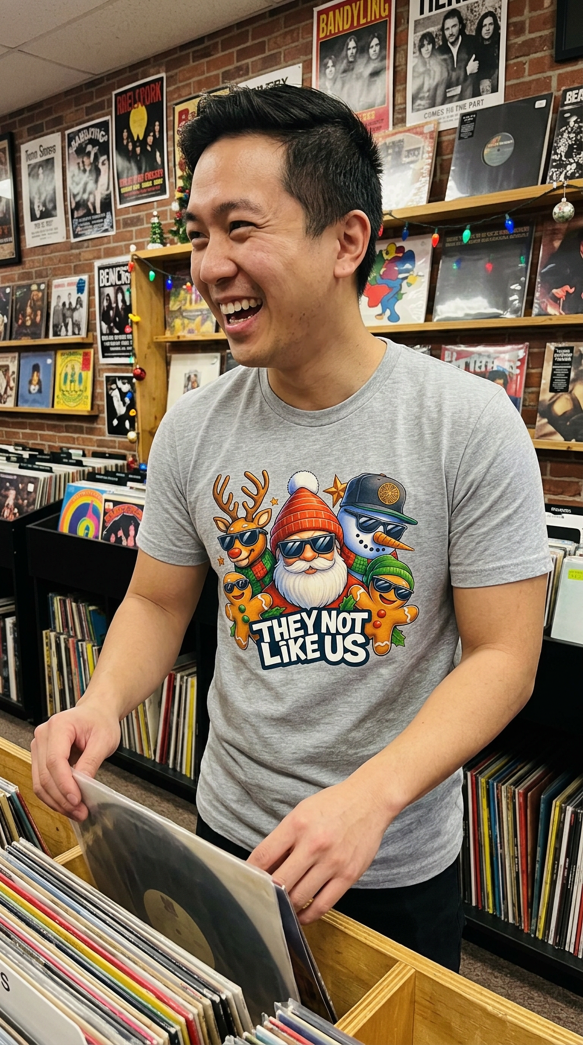 Man wearing heather gray They Not Like Us Christmas graphic tee while shopping inside a record store.